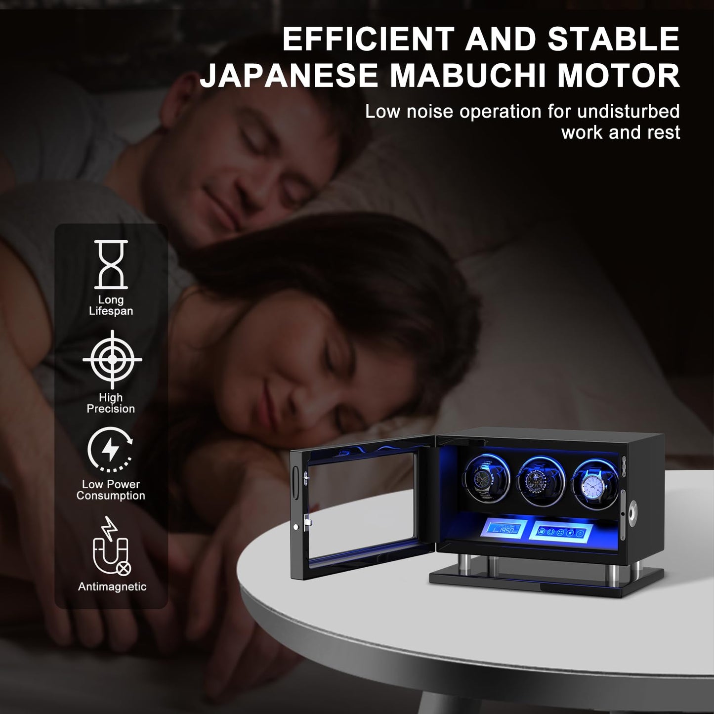 DUKWIN Watch Winder for 3 Automatic Watches,Fingerprint Lock Watch Winders with LCD Touchscreen, Blue LED Light, Remote Control,Adjustable Pillow and Quiet Motor for Universal Watches, 5TPD