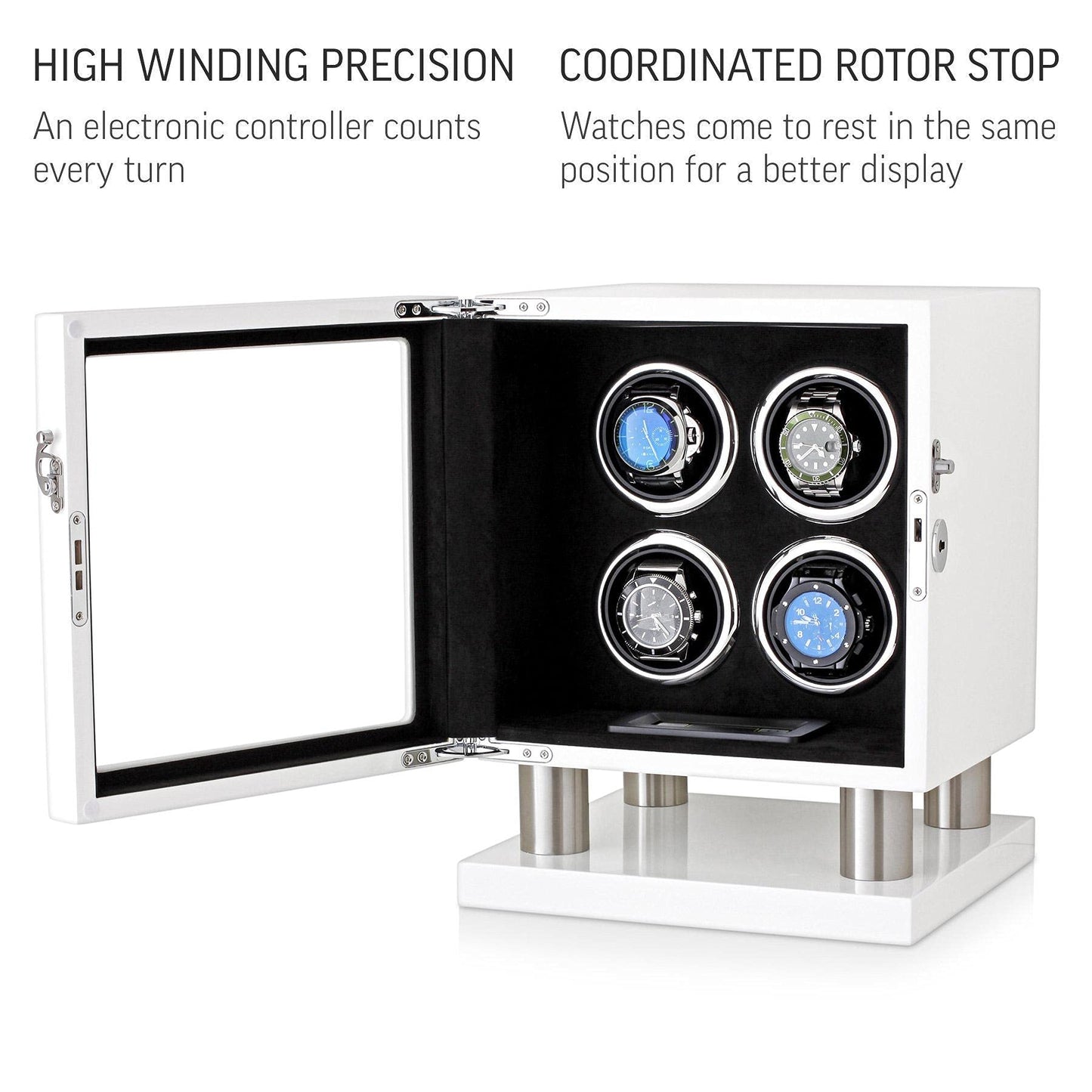 Watch Winder for 4 Watches with LED Backlight, LCD Display and Motor-Stop Option (White & Black)