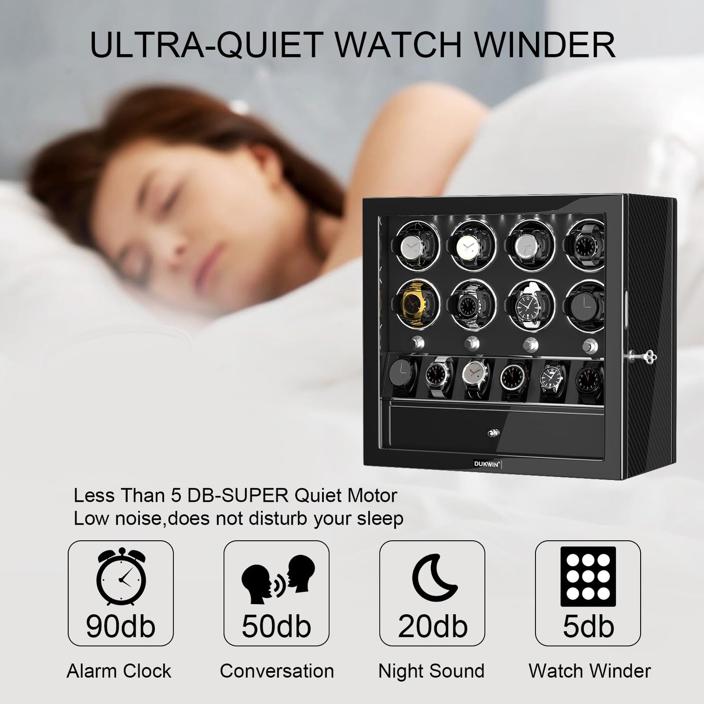 DUKWIN Watch Winder for 8 Automatic Watches, Lockable,6 Watch Storage Places and Jewelry Storage, Super Quiet Mabuchi Motor