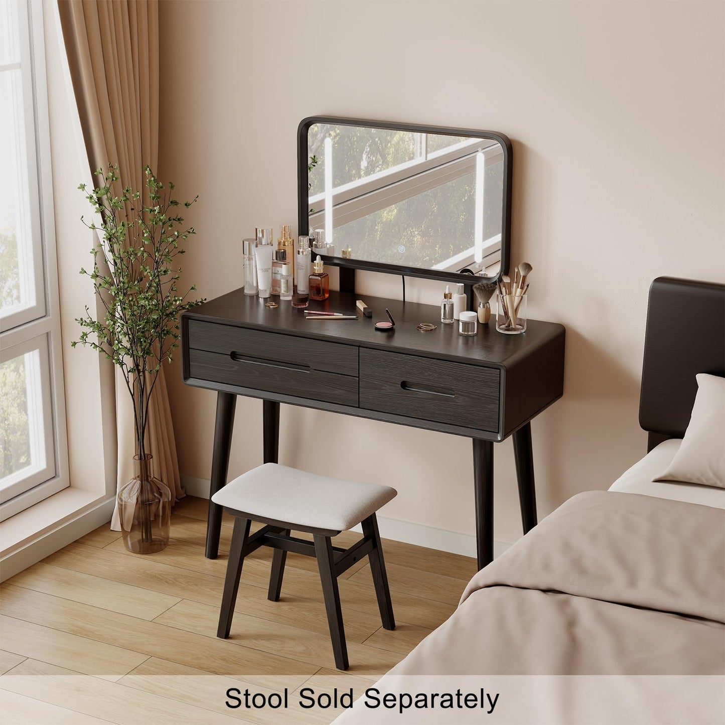 DONGMUWUJEE Solid Wood Vanity with Mirror and Lights, Adjustable Brightness, Wood Makeup Vanity with 3 Drawers, Semi-Assembled, Vanity Desk for Bedroom (Black)