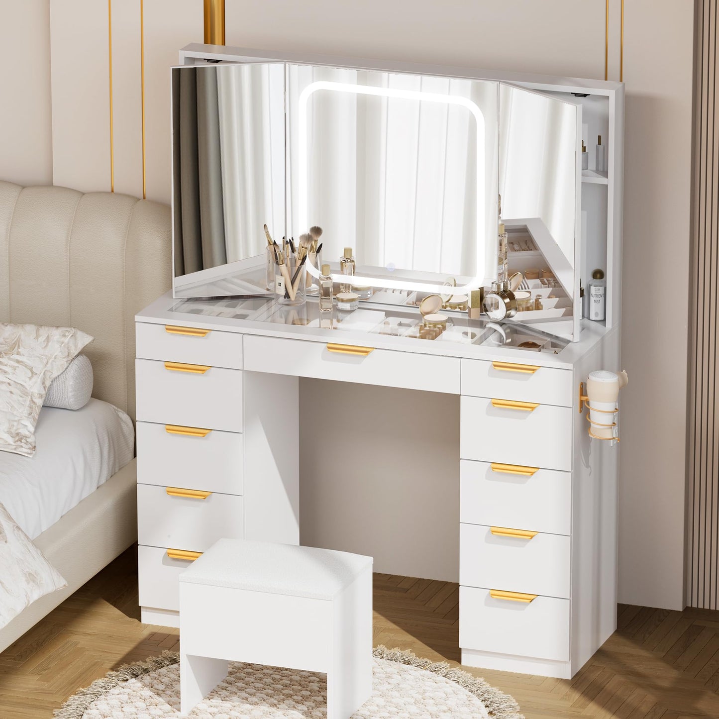 Pamapic Glass Top Makeup Vanity Desk with Foldable Mirror and Lights, 11 Drawers Vanity with Chair and Power Outlet, 3 Lighting Modes Makeup Table, Golden Handles, White