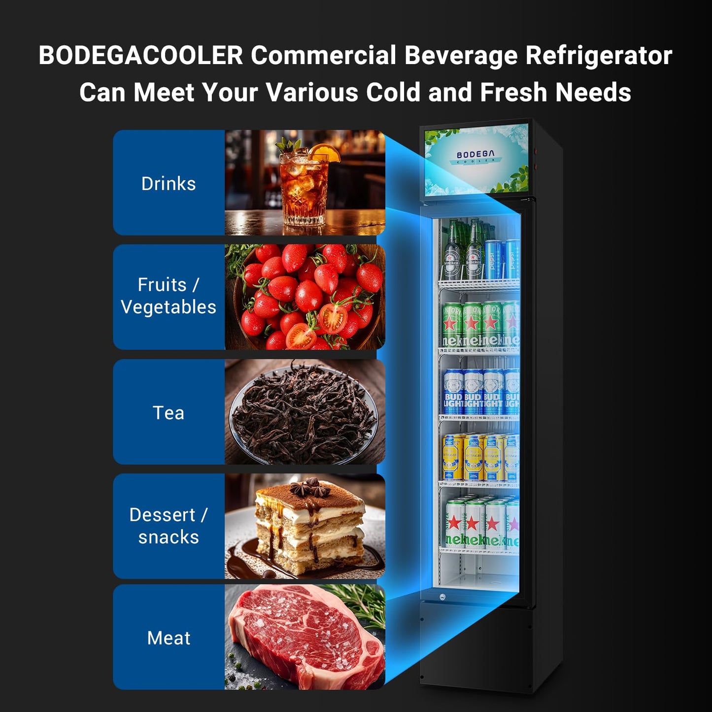 BODEGACOOLER Commercial Merchandiser Refrigerator, 5.7 Cu.Ft Single Swing Glass Door Beverage Cooler, Upright Display Refrigerator with Soft LED Light, Adjustable Shelves, Black