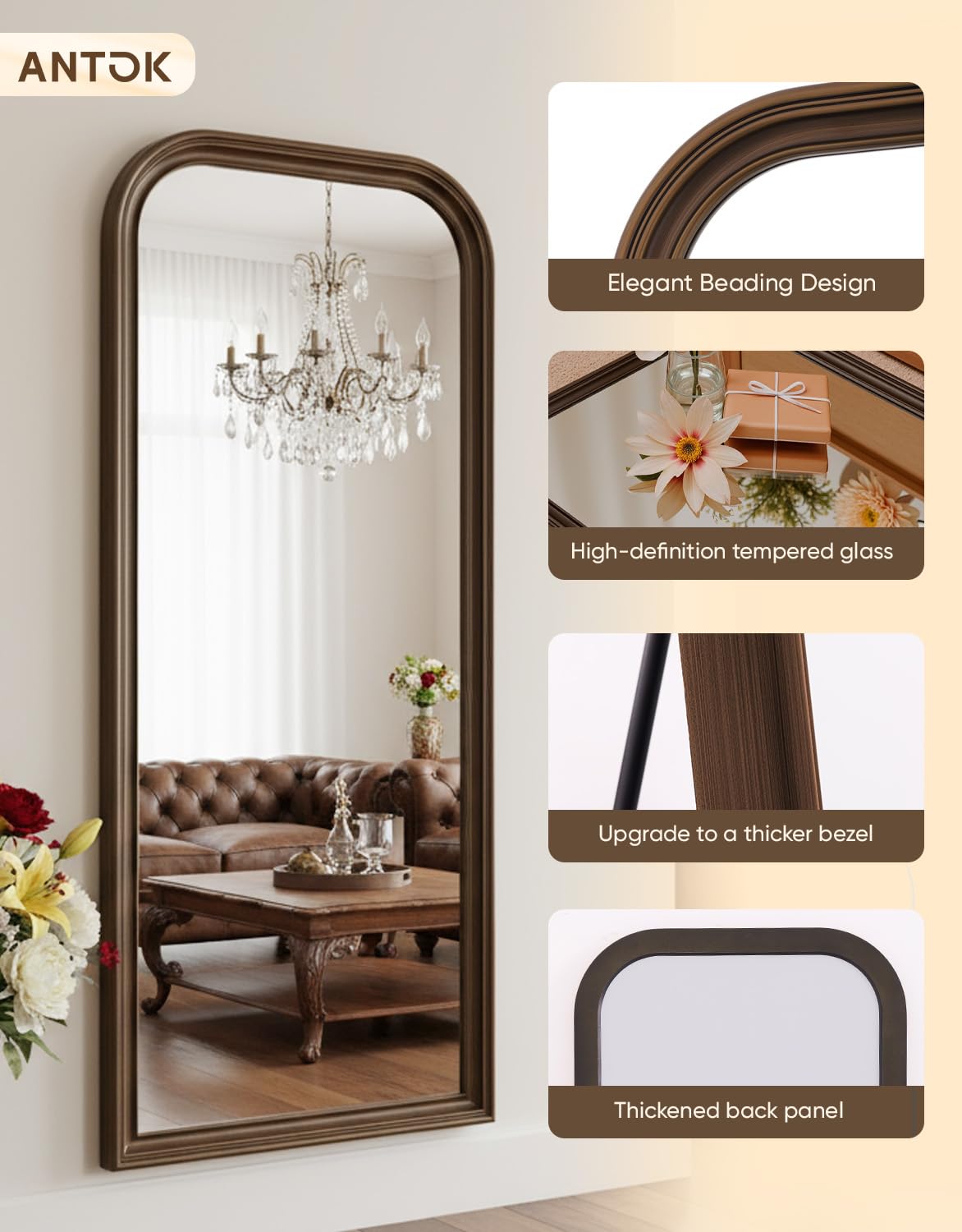 Antok 81"x41" Oversized Full Length Mirror, Extra Large Floor Mirror Freestanding or Wall-Mounted Mirror for Bedroom, Living Room, Cloakroom, Bronze