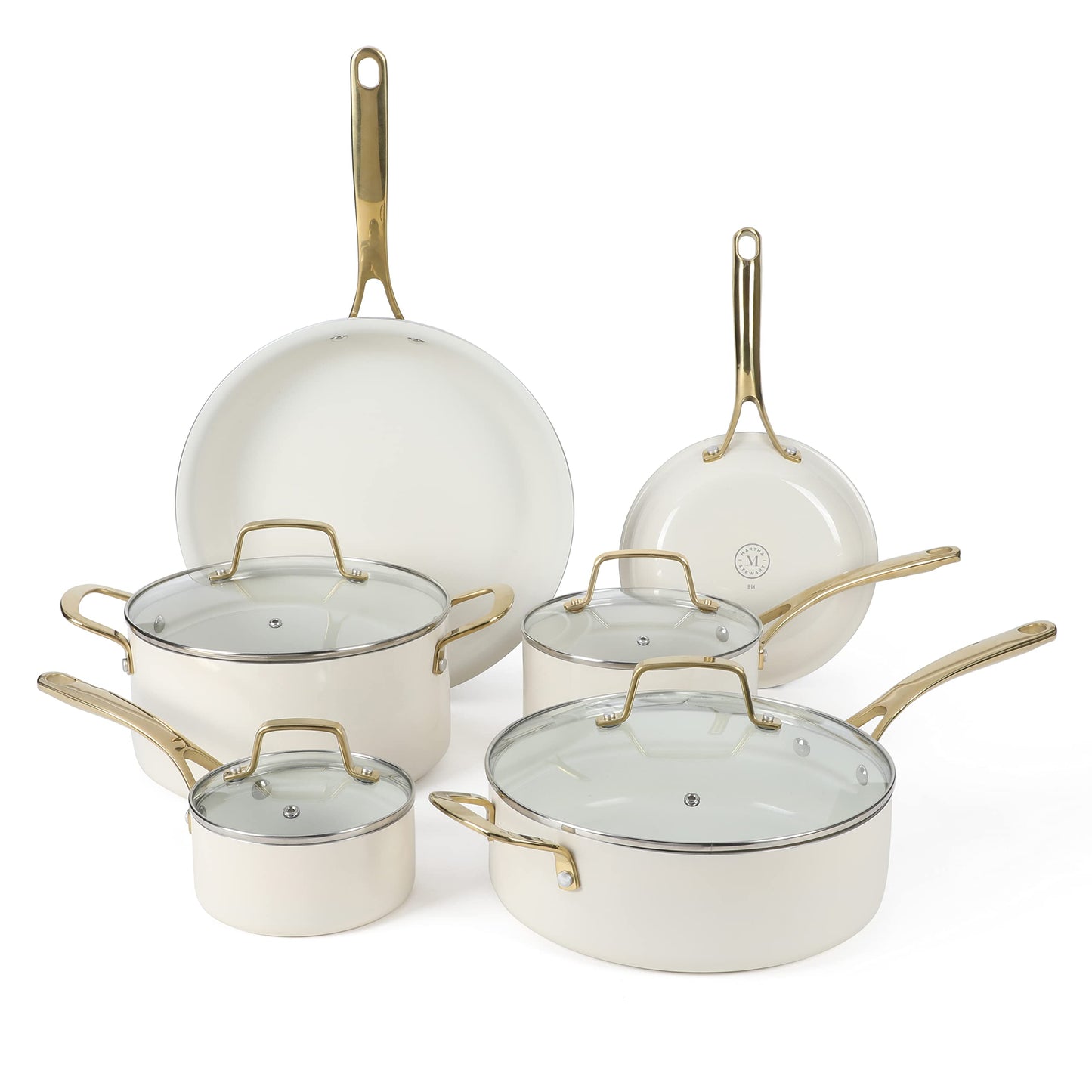 Martha Stewart Lockton Premium Nonstick PFA Free Ceramic Interior 10 Piece Heavy Gauge Enamel Aluminum Pots and Pans Cookware Set - Linen White w/Gold Handle & Gatwick 7 QT Enamel Cast Iron Dutch Oven