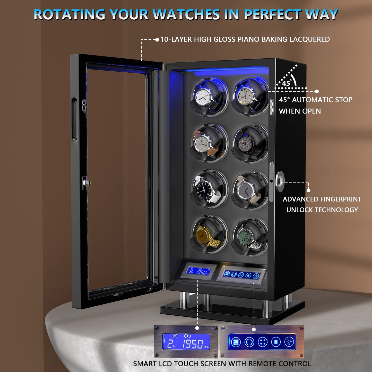 DUKWIN Watch Winder, Fingerprint Lock Watch Winders for 8 with LCD Touch Screen, Remote Control, Super Quiet Motor, Blue LED Light and Adjustable Watch Pillows for Universal Watches & Collector