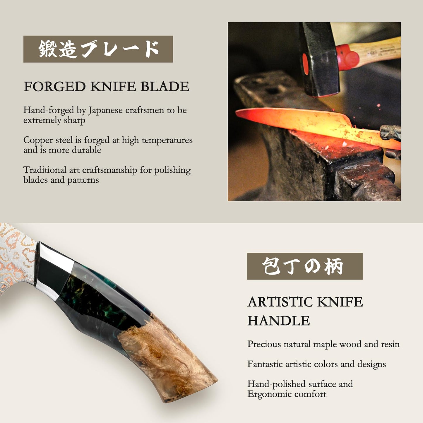 SHAN ZU Damascus Knife Set, Copper & Damascus Steel Japanese Kitchen Knives, High Carbon 33 Layer Hand Forged Utility Knife Professional Sharp Kitchen Knife with Maple Wood Handle