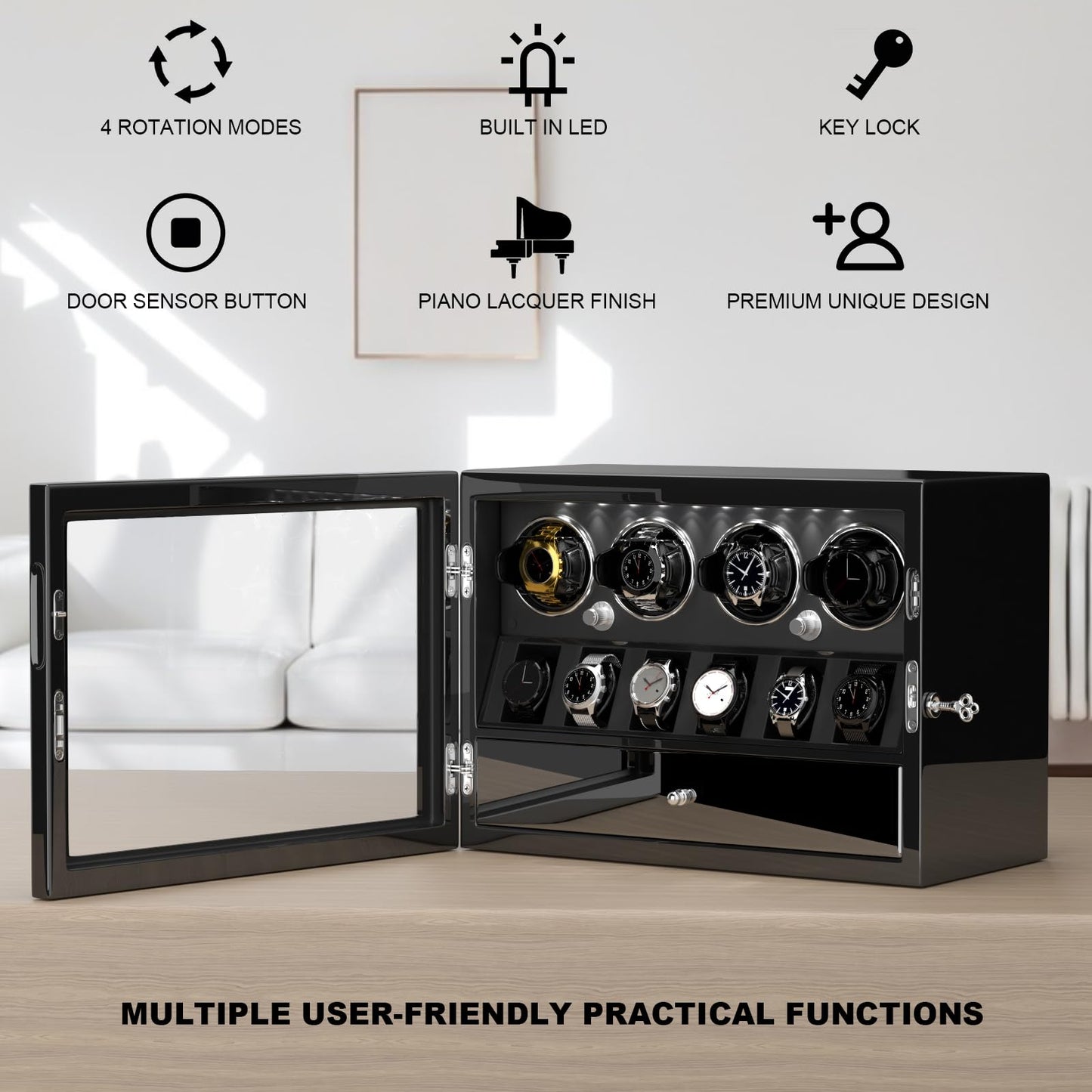 DUKWIN Watch Winder for 4 Automatic Watches, Watch Winders with Watch and Jewelry Storages, Super Quiet Mabuchi Motor with High-Gloss Piano Lacquer Finish,Built-in Illumination