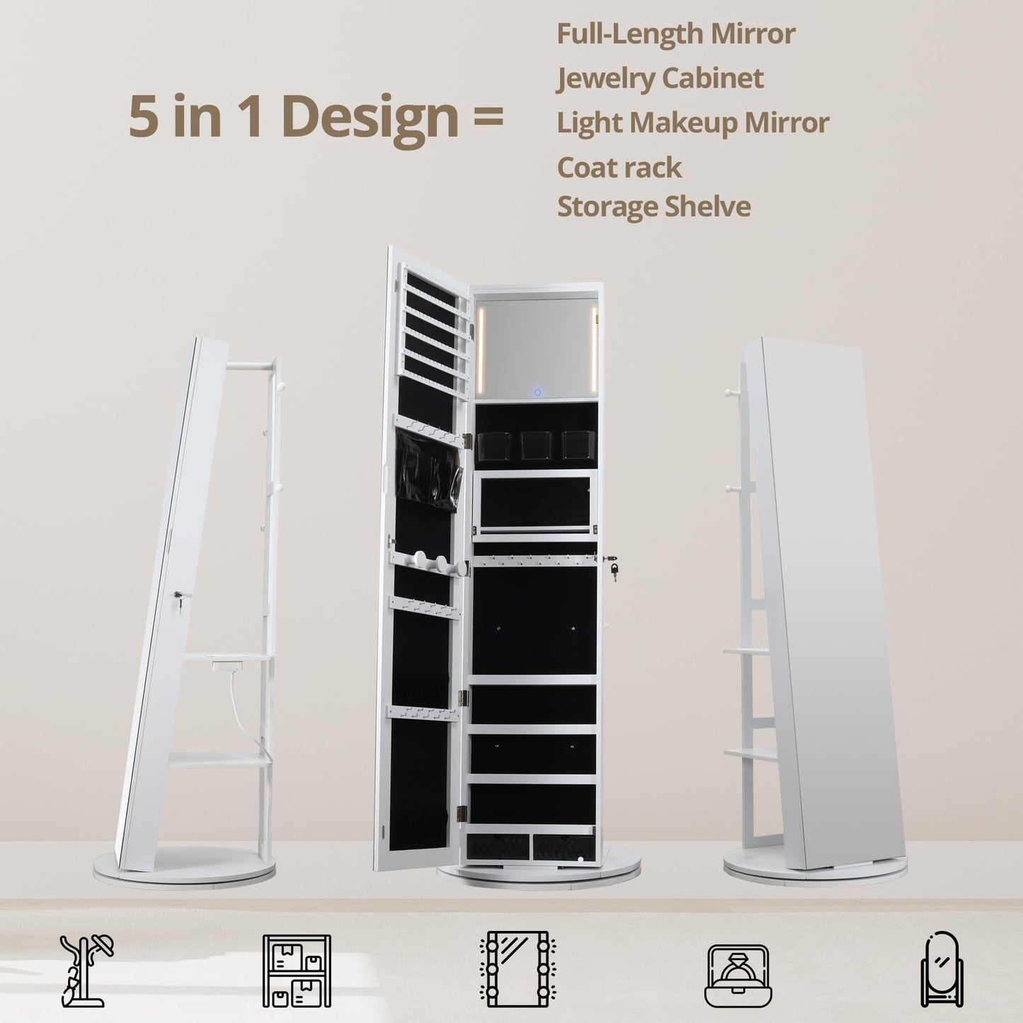 IRONCK 360° Swivel Mirrored Jewelry Cabinet with Full-Length Mirror, Charging Station, Lockable Standing Jewelry Organizer with Rear Storage Shelves, Interior Mirror, LED Lights, White
