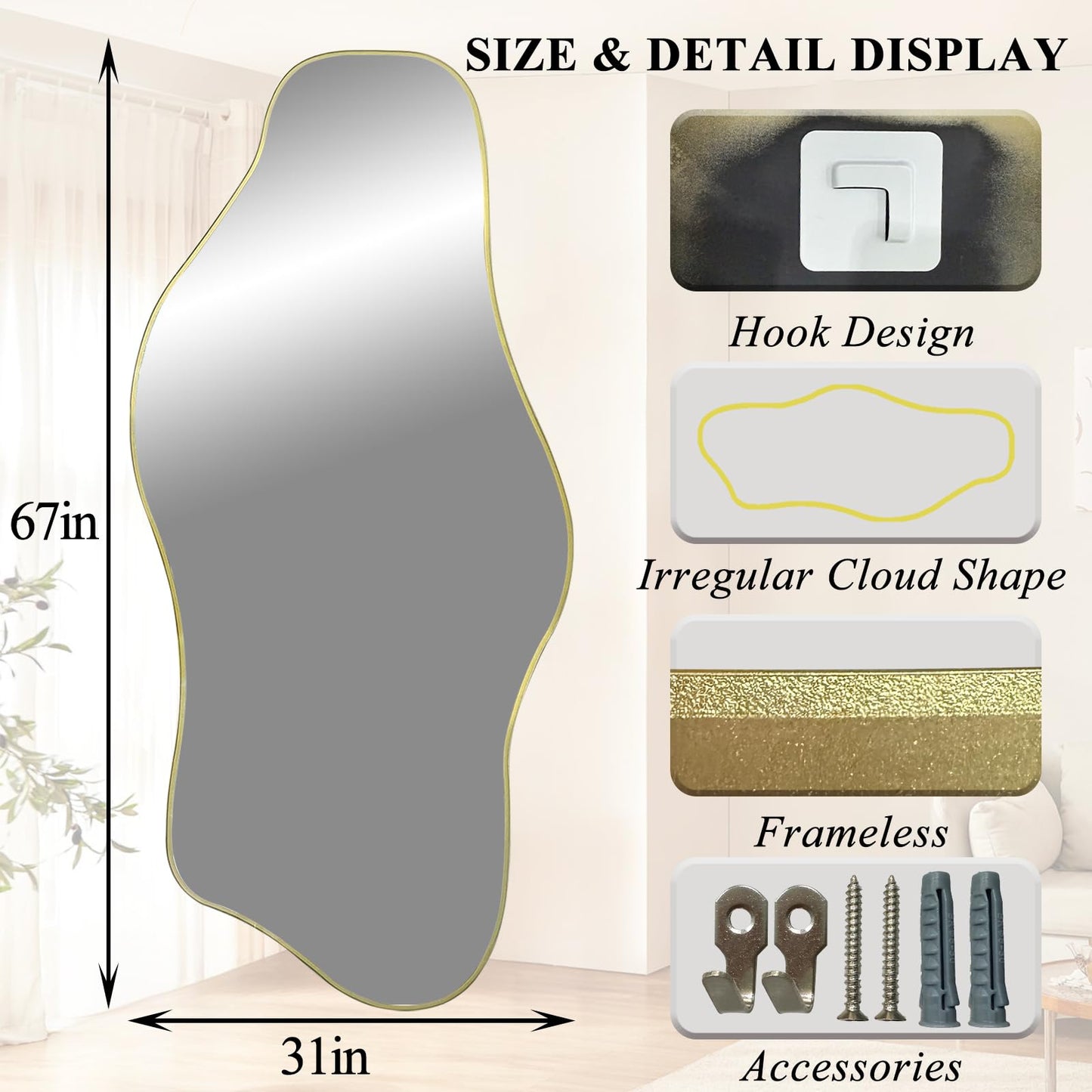 DAOYIJIAJU Irregular Mirror Full Length, 67"x31" Large Asymmetrical Tempered Glass Mirror, Gold Organic Frameless Wall Mirrors for Living Room Bedroom Hallway Entryway, Horizontal or Vertical Hanging