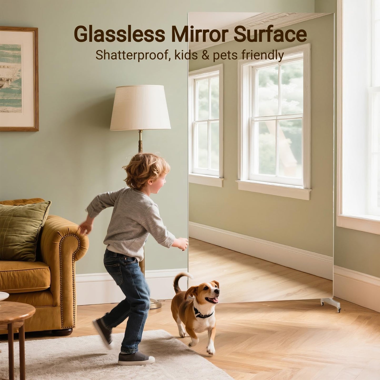 BRIVUE 81" x 41" Standing Mirror Full Length with Wheels, Large Glassless Rolling Mirrors with Brakes, Shatterproof HD Imaging Thin Frame Full Body Mirror for Dance Studio/Home Gym, Silver
