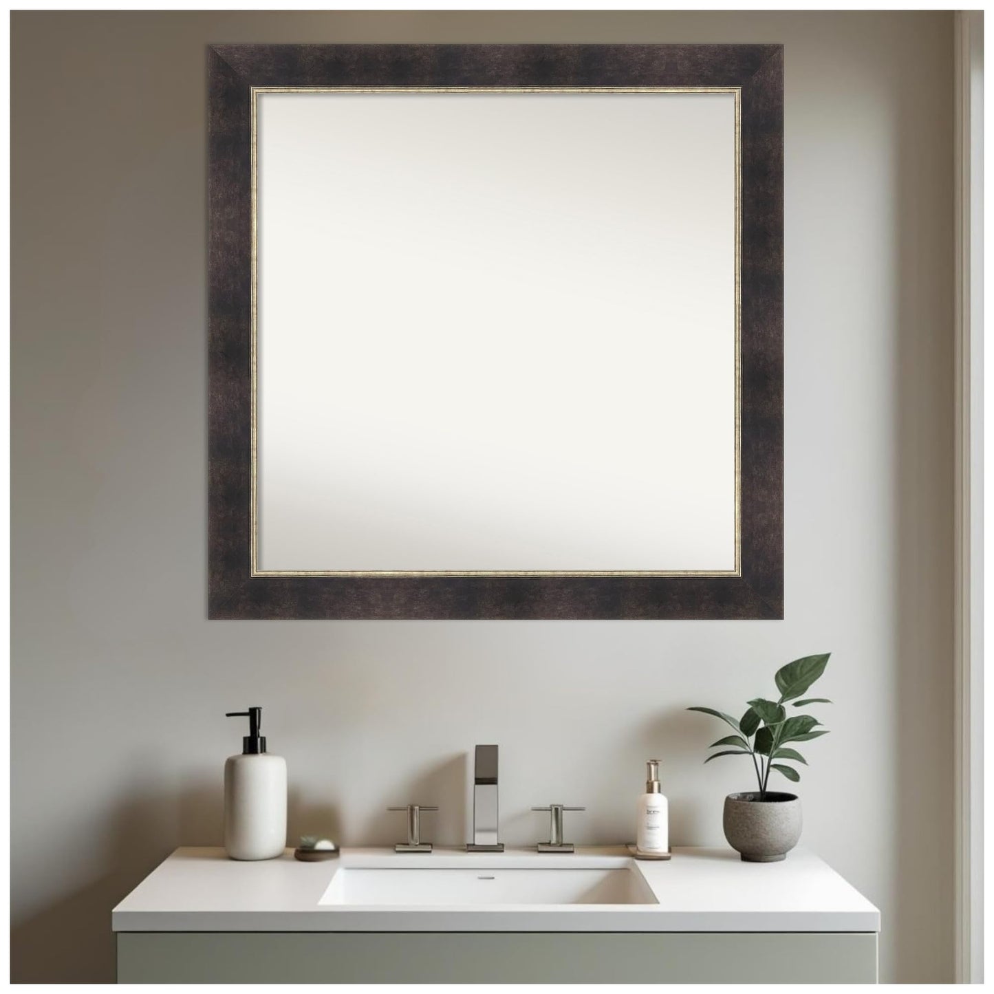 Amanti Art Bronze Bathroom Mirror for Over Sink, 31x31 Odin Antique Bronze Square Vanity Mirror, Large Modern Wood Frame, Hangs Horizonally and Vertically, Bathroom Wall Decor, Non-Beveled Edge