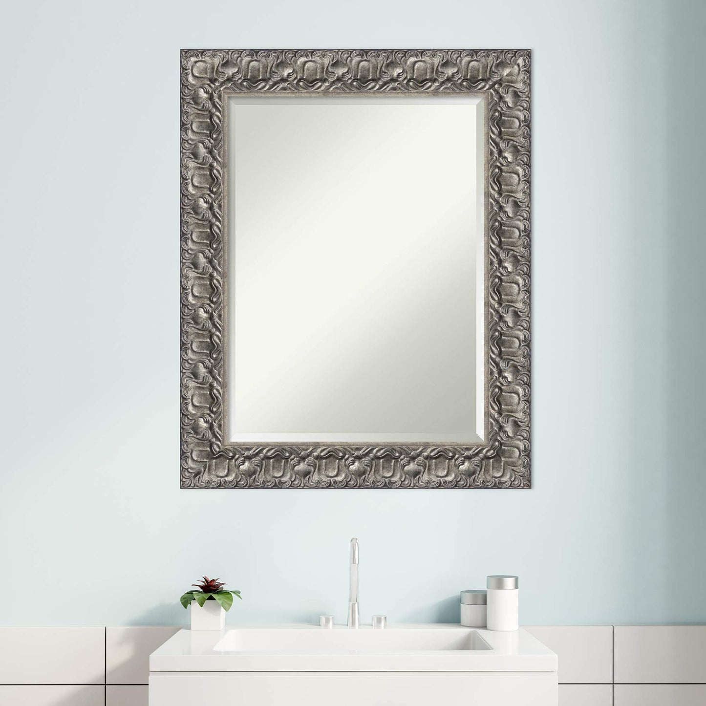 Amanti Art Silver Bathroom Mirror for Over Sink, 30x24 Silver Luxor Rectangle Vanity Mirror, Medium Traditional Wood Frame, Hangs Horizonally and Vertically, Bathroom Wall Decor, Beveled Edge