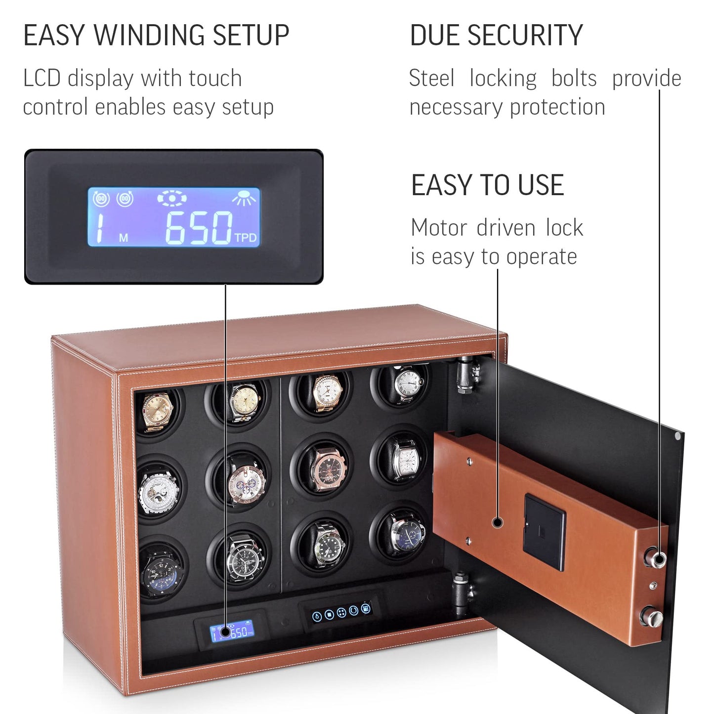 Watch Winder Security Safe for Automatic Watches with Digital Lock, Faux Leather Finish and Interior Backlight (12 watches, Brown)