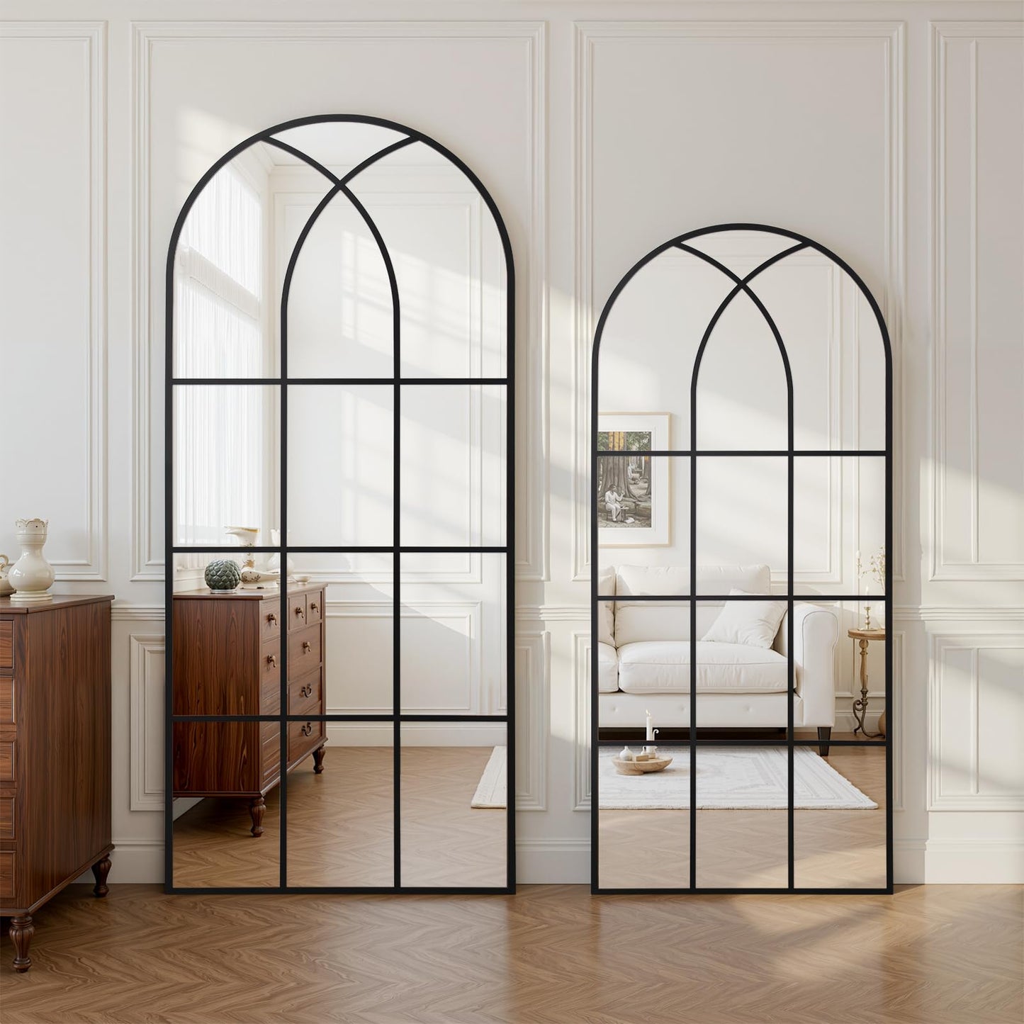Arched Window pane Full Length Mirror 24"x65", Full Body Standing Mirror, Window Shaped Farmhouse Style with Aluminum Frame, Decor Wall Mirrors for Living Room, Courtyard, Bedroom, Entryway, Black
