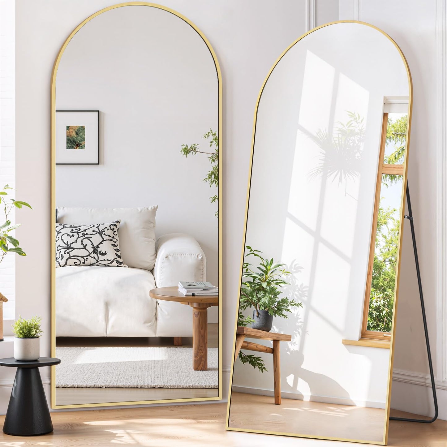 Full Length Mirror 71"x26" Full Body Mirror Arched Free Standing Wall Mounted Leaning Floor Mirrors with Stand Aluminum Alloy Frame for Bedroom Cloakroom, Gold