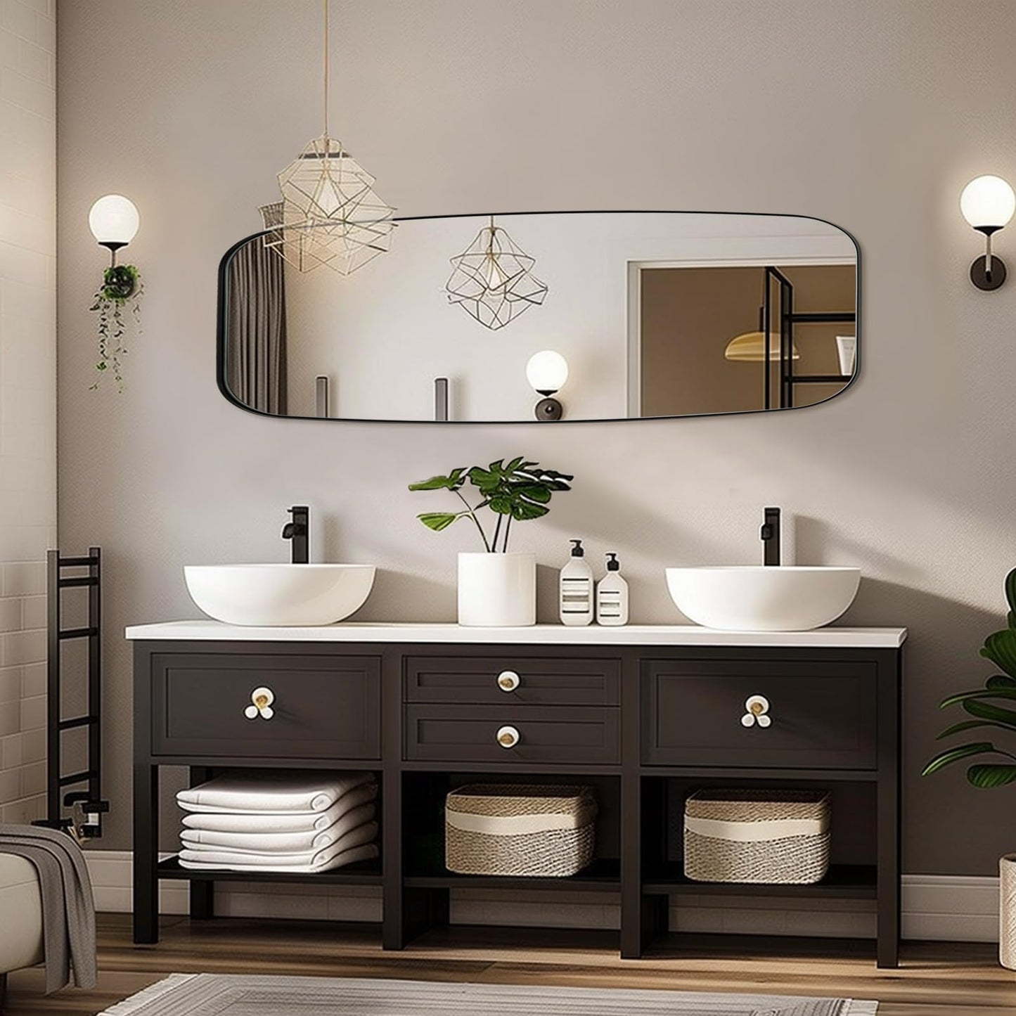ANDY STAR 18x48 Full Length Wall Mirror, Matte Black Oblong Shaped Body Mirror with Stainless Steel Metal Frame, Rounded Corner Design for Floor and Leaning