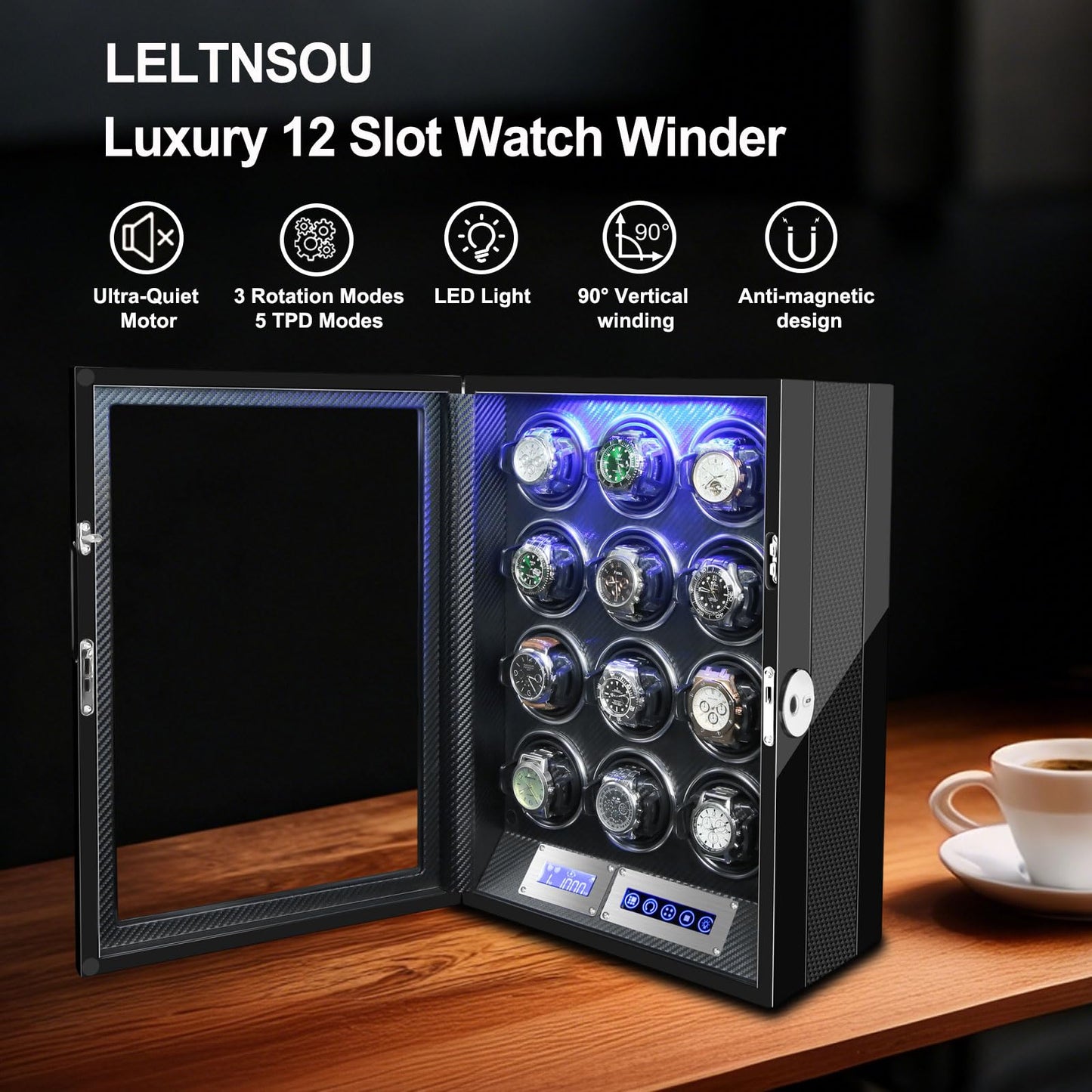 LELTNSOU Watch Winder for 12 Winding Spaces Automatic Watches with Fingerprint Unlock, Ultra-Quiet Japanese Motors, Built-in LED Illumination and LCD Touchscreen Control