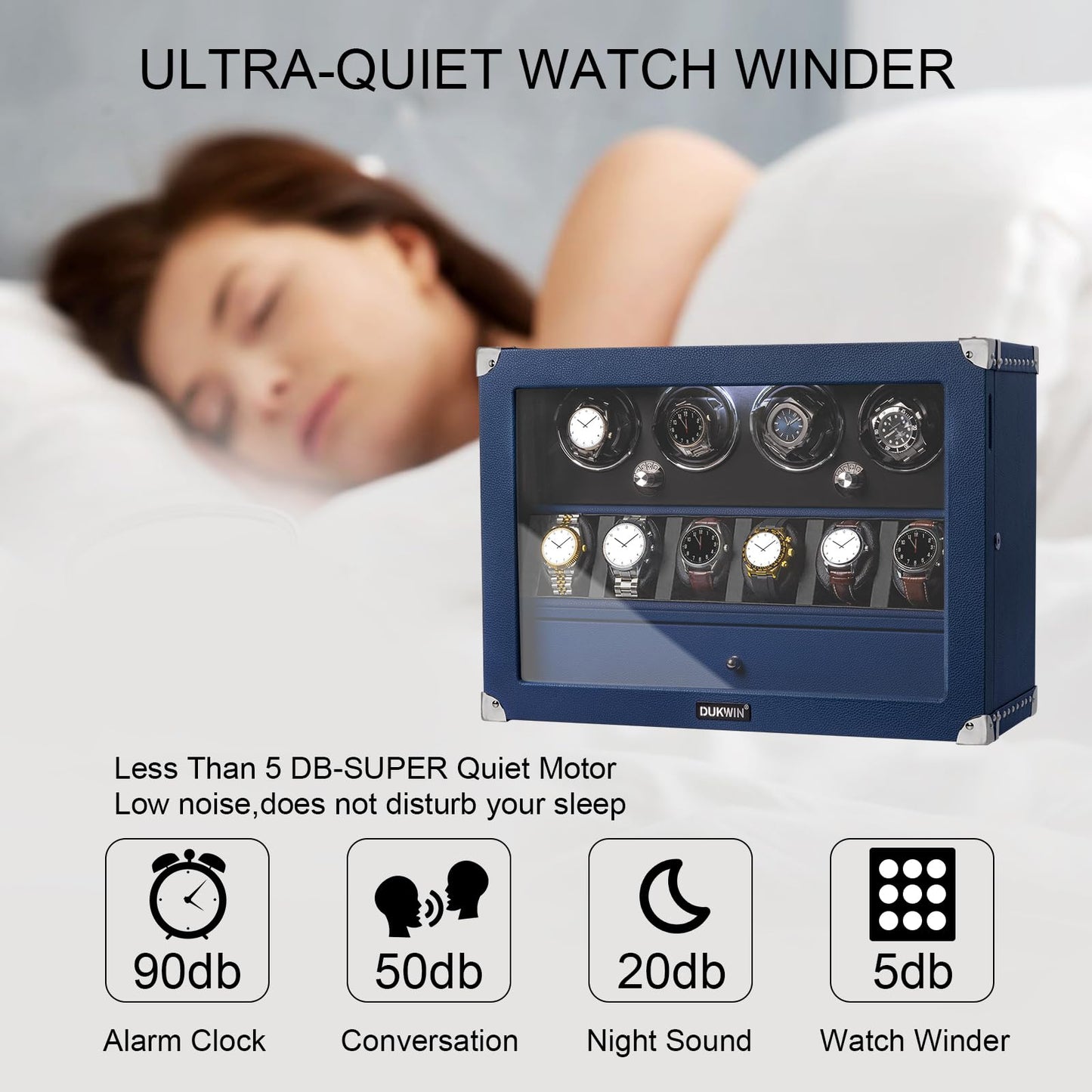 DUKWIN Watch Winder for Automatic Watches, Lockable Winders with Watch & Jewelry Storage, Super Quiet Motor with High-Gloss Finish, Built-in Illumination, Blue
