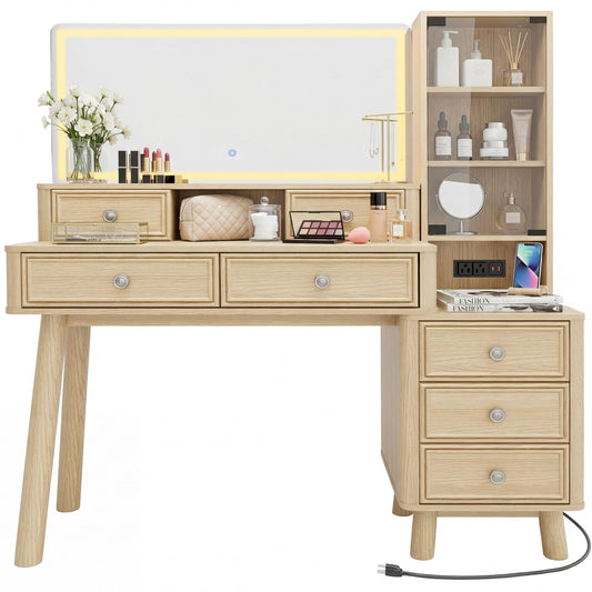 YESHOMY Makeup Vanity Desk with Large Mirror and LED Lights, with 7 Drawers & Charging Station, Dressing Table Set Modern Glass Storage Cabinet with Adjustable Shelves for Bedroom, Oak