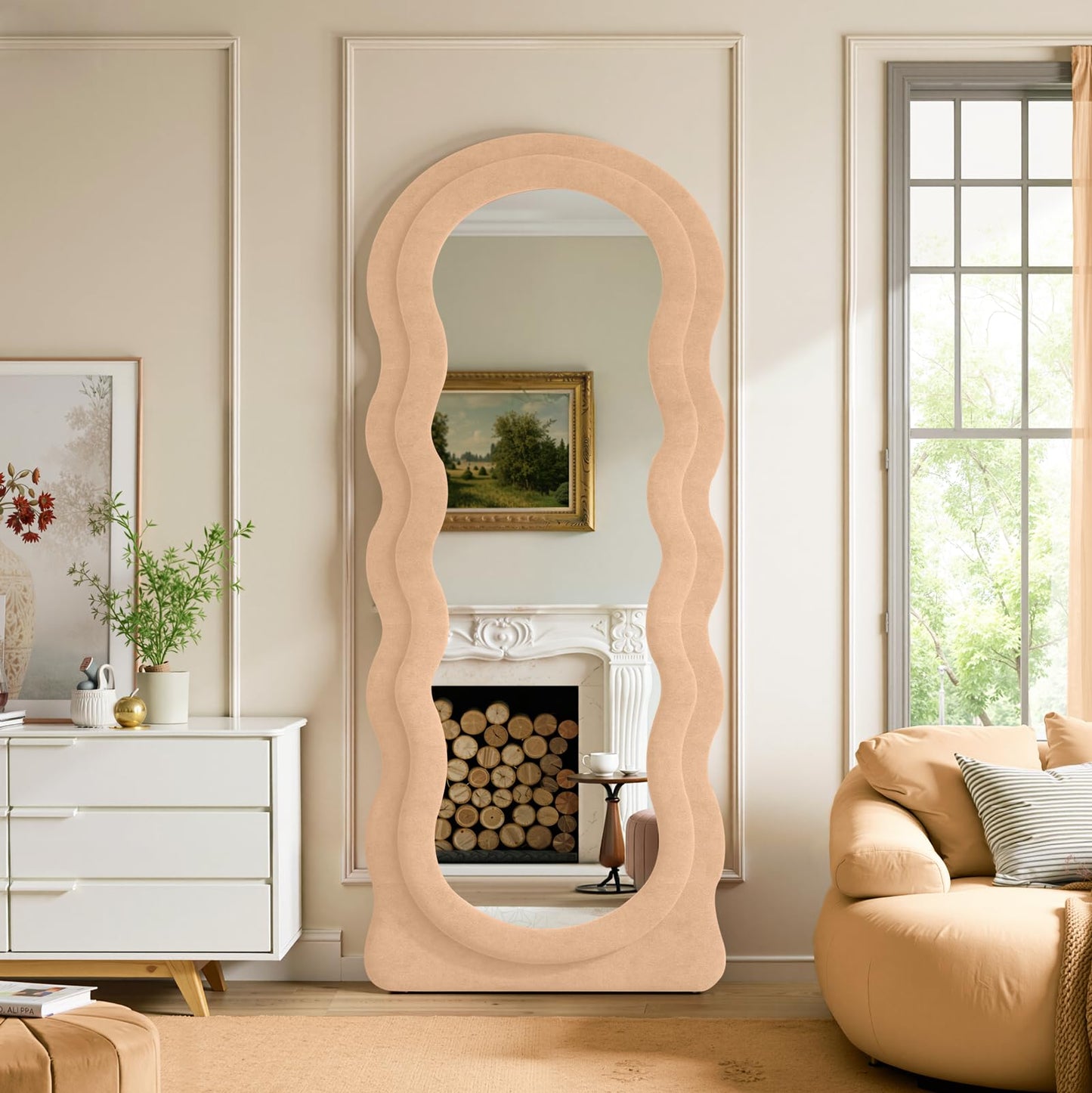 Anpark Full Length Mirror 71"x30" Irregular Wavy Full Body Wall Mounted Floor Mirror with Stand Milk Tea Flannel Frame Leaning Hanging Wall for Bedroom Entrance Hallway