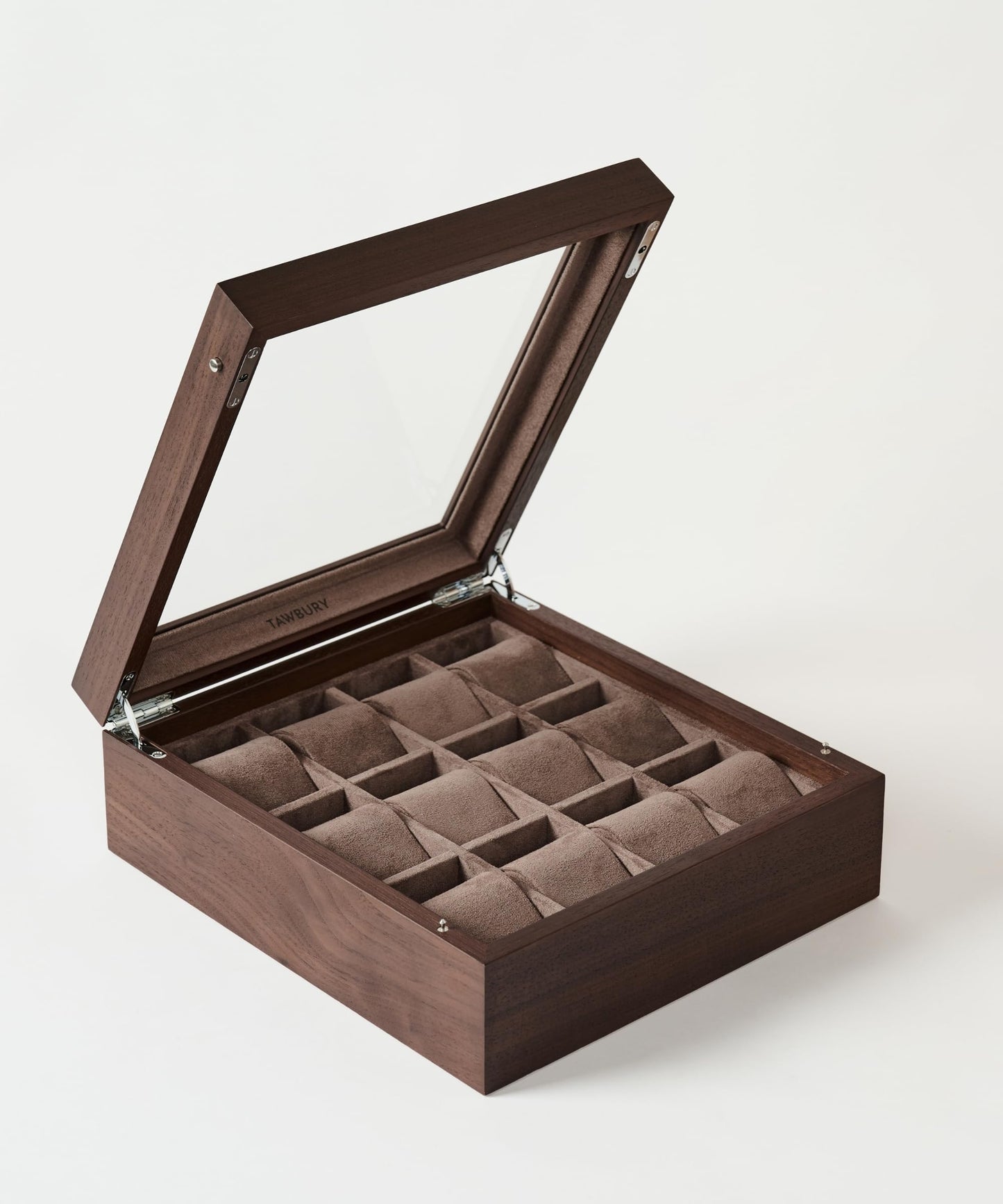 TAWBURY Wooden Watch Case - 12 Slot Wood Watch Box for Men & Women with Glass Display, Protective Fully Lined Interior and 2-inch Wide Pillows for Small & Large Watches (Dark Walnut)