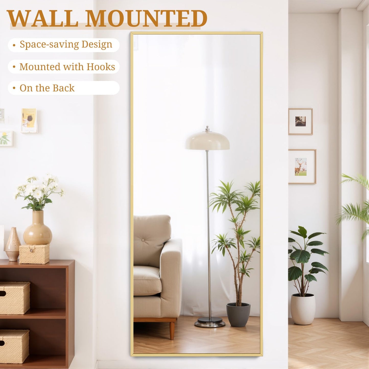 Accver Full Length Mirror 71"x26" Full Body Mirror Rectangle Free Standing Wall Mounted Leaning Floor Mirrors with Stand Aluminum Alloy Frame for Bedroom Cloakroom, Gold