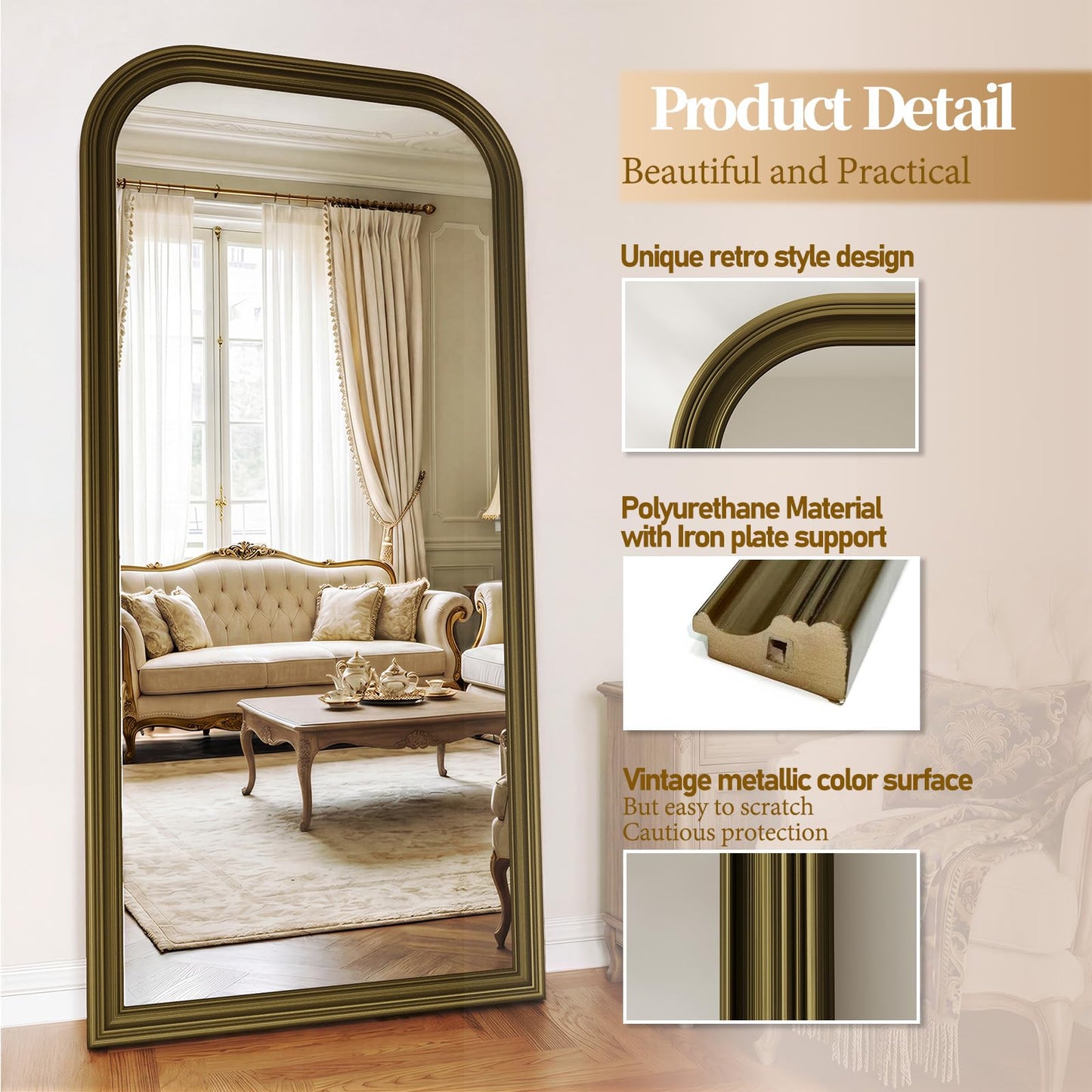 FlyEcho Full Length Mirror with Stand, 71"x32" Full Body Mirror, Floor Length Mirrors Wall Mounted with Rounded Top, Large Standing Mirrors, PU Frame, for Bedroom Living Room Cloakroom, Antique Bronze