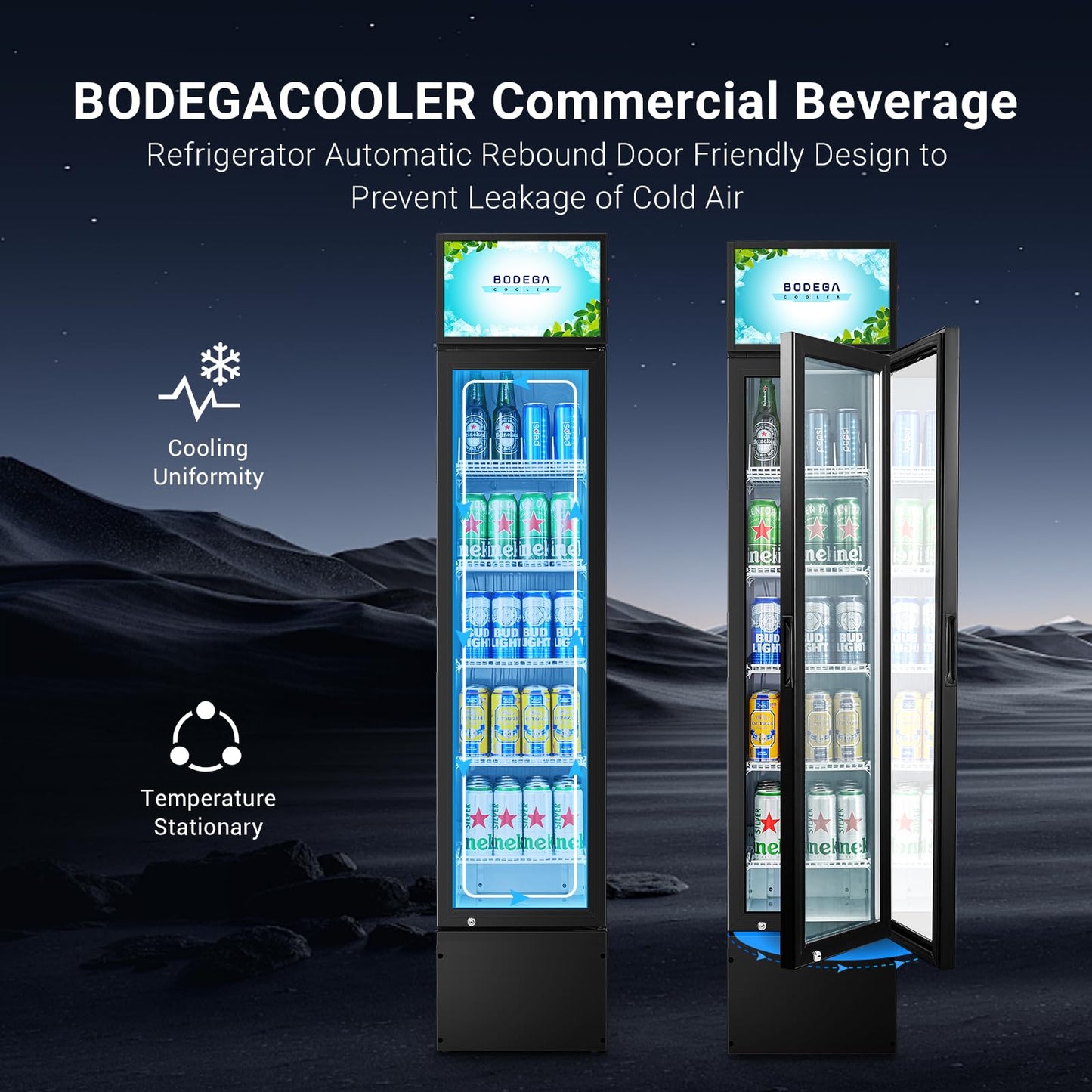BODEGACOOLER Commercial Merchandiser Refrigerator, 5.7 Cu.Ft Single Swing Glass Door Beverage Cooler, Upright Display Refrigerator with Soft LED Light, Adjustable Shelves, Black