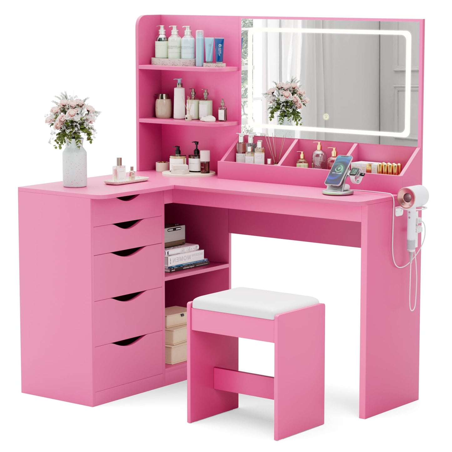 YESHOMY Vanity Desk with Lights and Mirror, L Shaped Makeup Table, Dresser with Hairdryer Holder and Power Outlet, Adjustable 3 Lighting Modes, 5 Drawers and Adjustabled Open Storage Shelves, Pink