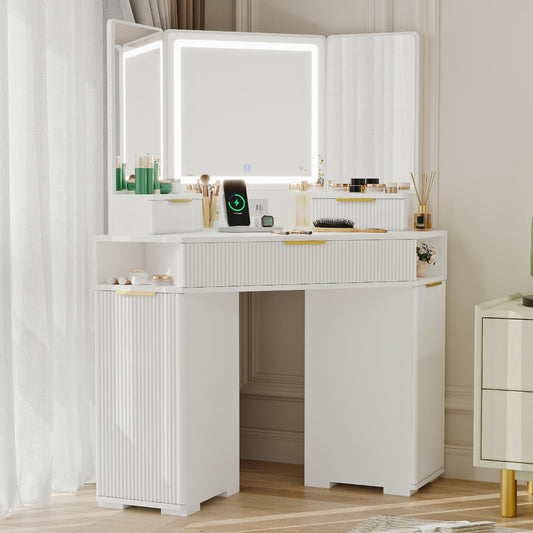 IDEALHOUSE Corner Vanity Desk with Mirror and Lights, 48" Fluted Makeup Vanity with Drawers, Charging Station and Cabinets for Bedroom, Corner Dressing Table with Triple Mirrors, 3 Color Modes, White