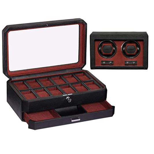 Gift Set 12 Slot Leather Watch Box with Valet Drawer & Matching Double Watch Winder - Luxury Case Display Organizer, Locking Mens Jewelry Watches Holder, Men's Storage Boxes Glass Top Black/Red