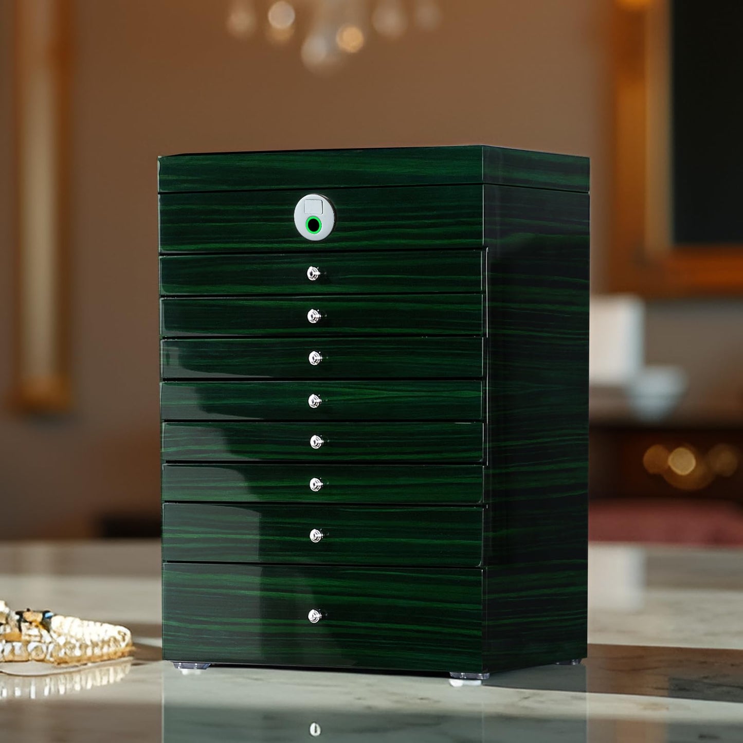 SYENS Wooden Jewelry Box Fingerprint Lockable 9-Layers Extra Large Capacity Jewelry Cabinet for Necklace/Rings/Pendants/Bracelets/Watches/Sunglasses Storage&Organizer Women Gifts (Greenwood)