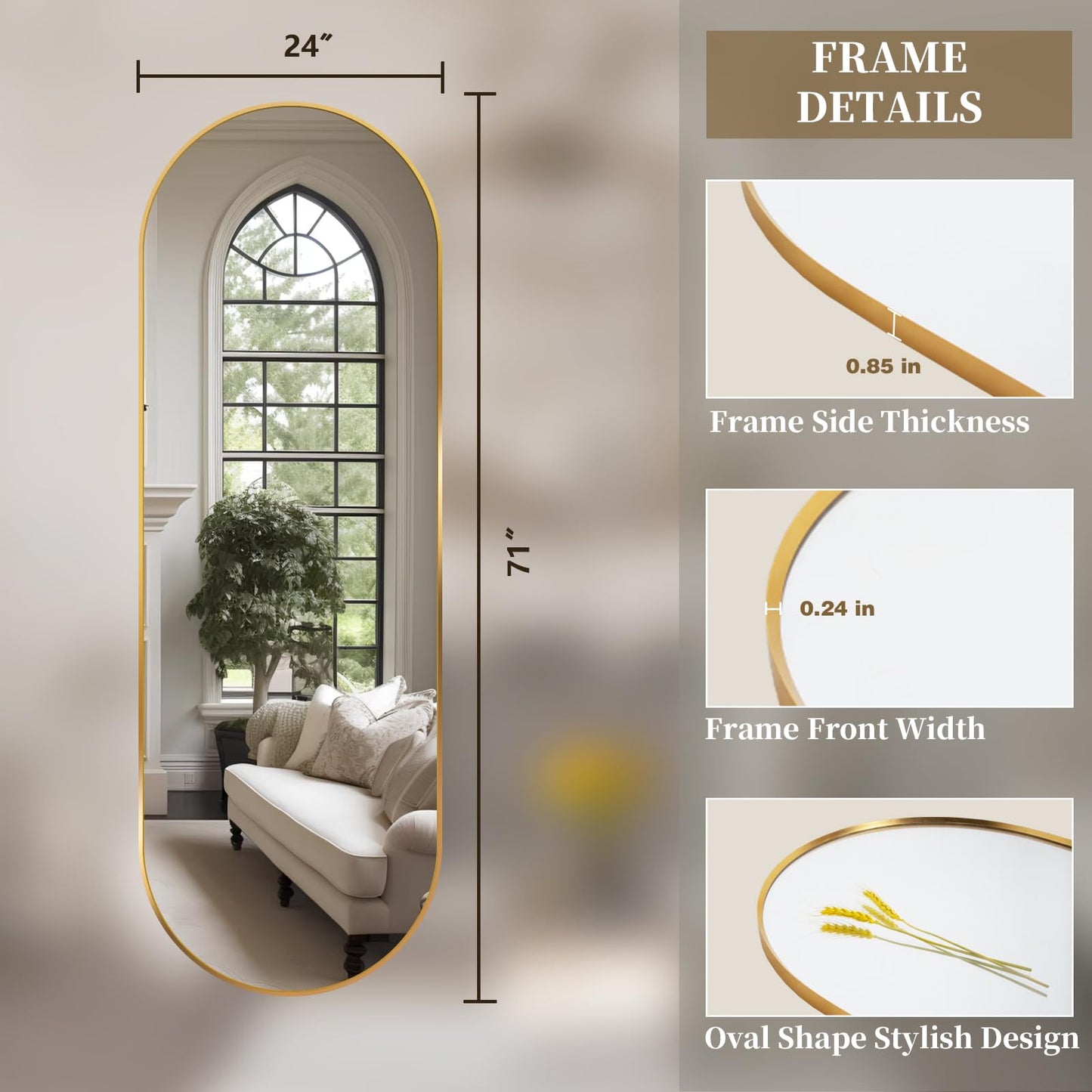 TheiaMo Oval Full Length Mirror, 71"×24" Wall-Mounted Floor Mirror with Metal Frame, Ultra-Clear Explosion-Proof Dressing Mirror, Simple and Classic Deco for Cloakroom/Bedroom/Living Room, Gold