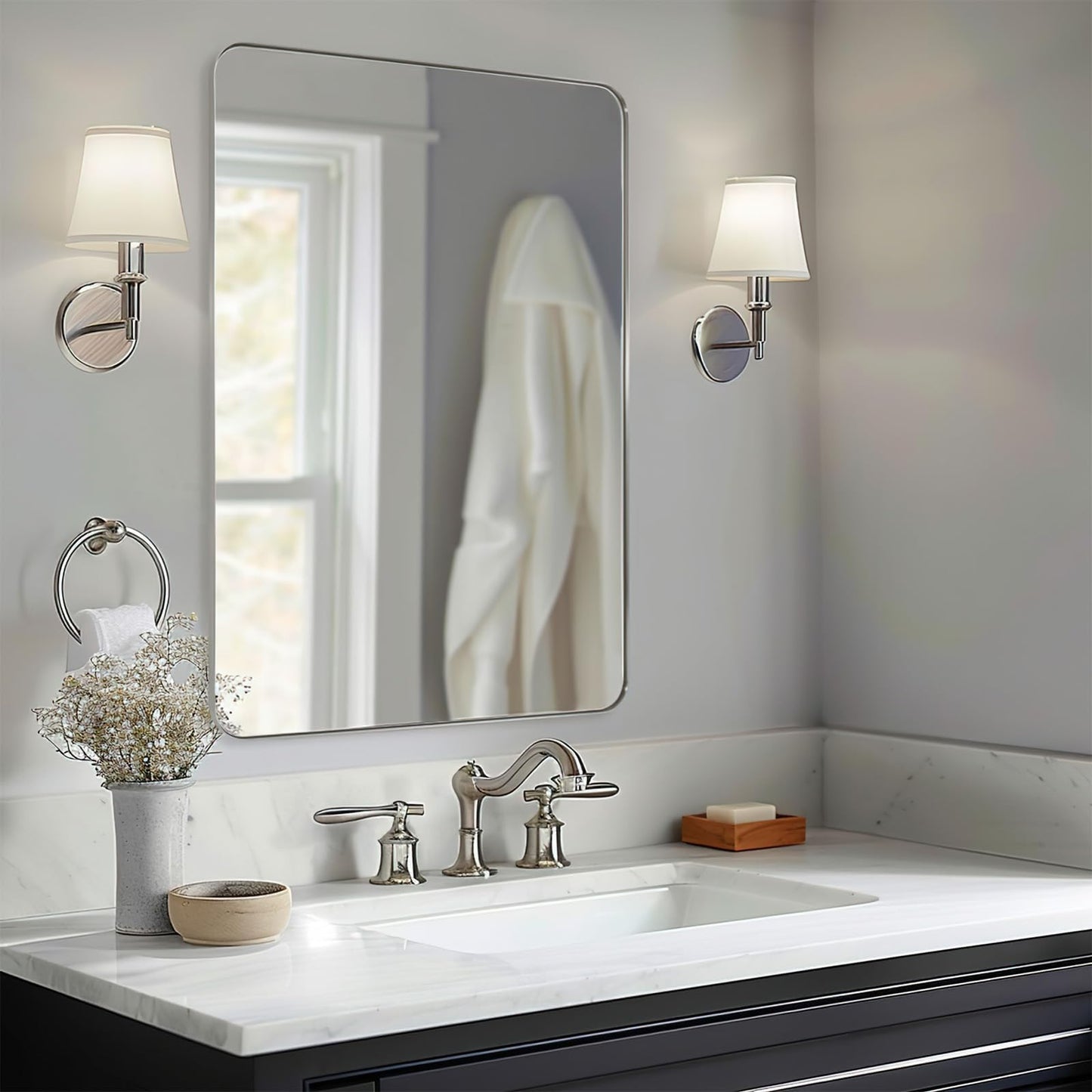 ANDY STAR 30"x48" Brushed Nickel Bathroom Mirror, Large Wall Mirror for Bathroom, Rounded Rectangle Mirror in Premium Stainless Steel Metal Frame Hangs Horizontal Or Vertical