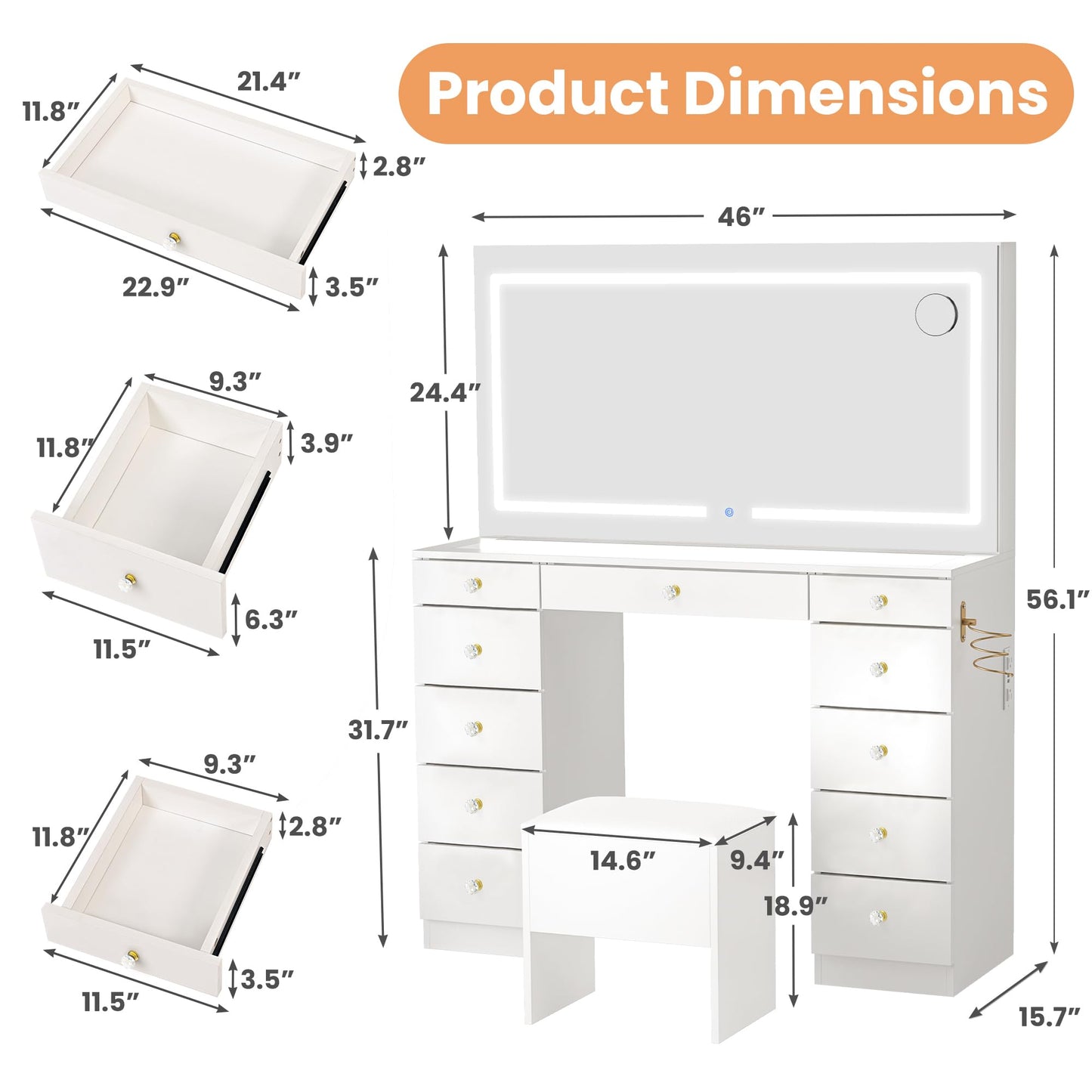 Pamapic Glass Top Vanity Desk with Crystal Handles, 11 Drawers Makeup Vanity with Mirror and Stool, 3 Lighting Modes Dressing Table, Power Outlet, Silent Slides, White