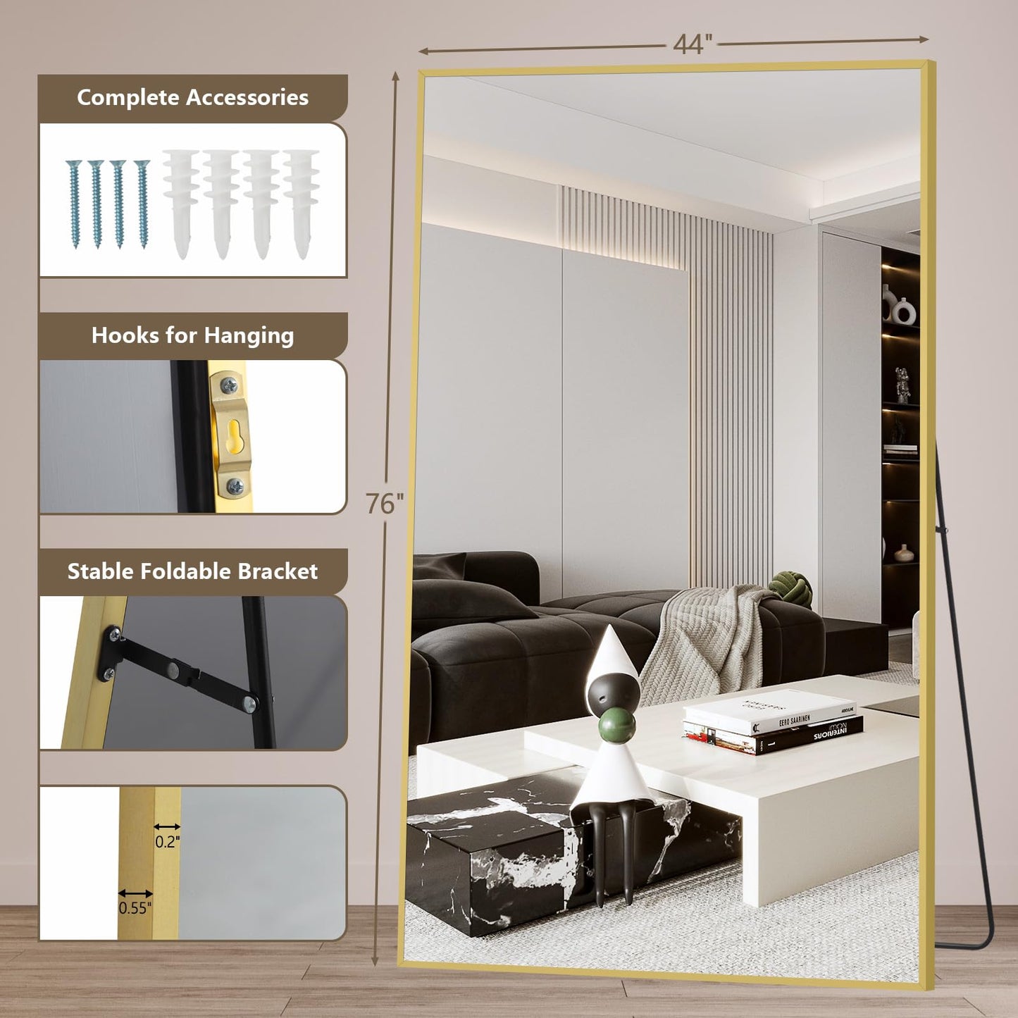 Mirrorons 76"x44" Oversized Full Length Mirror, Floor Standing or Wall Mounted with Hanging Kit, Shatterproof Tempered Glass Mirror for Living Room, Bedroom, Dressing Room, Gym (Gold)