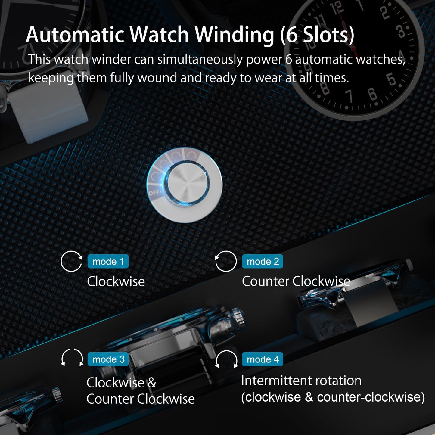 XTELARY Watch Winder for 6 Automatic Watches, Blue Lockable Automatic Winders with Extra 6 Watch Storages, 4 Rotation Modes, Flexible Watch Pillows, Quiet Mabuchi Motor, and Blue Backlight