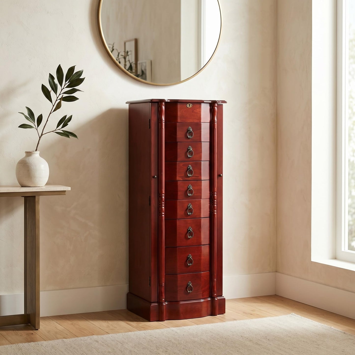 Hives and Honey Francesca Traditional Standing Jewelry Armoire Cabinet, Antique Locking Storage Organizer with Mirror, 8 Drawers, Necklace Hooks, Anti-Tarnish Lining, Cherry