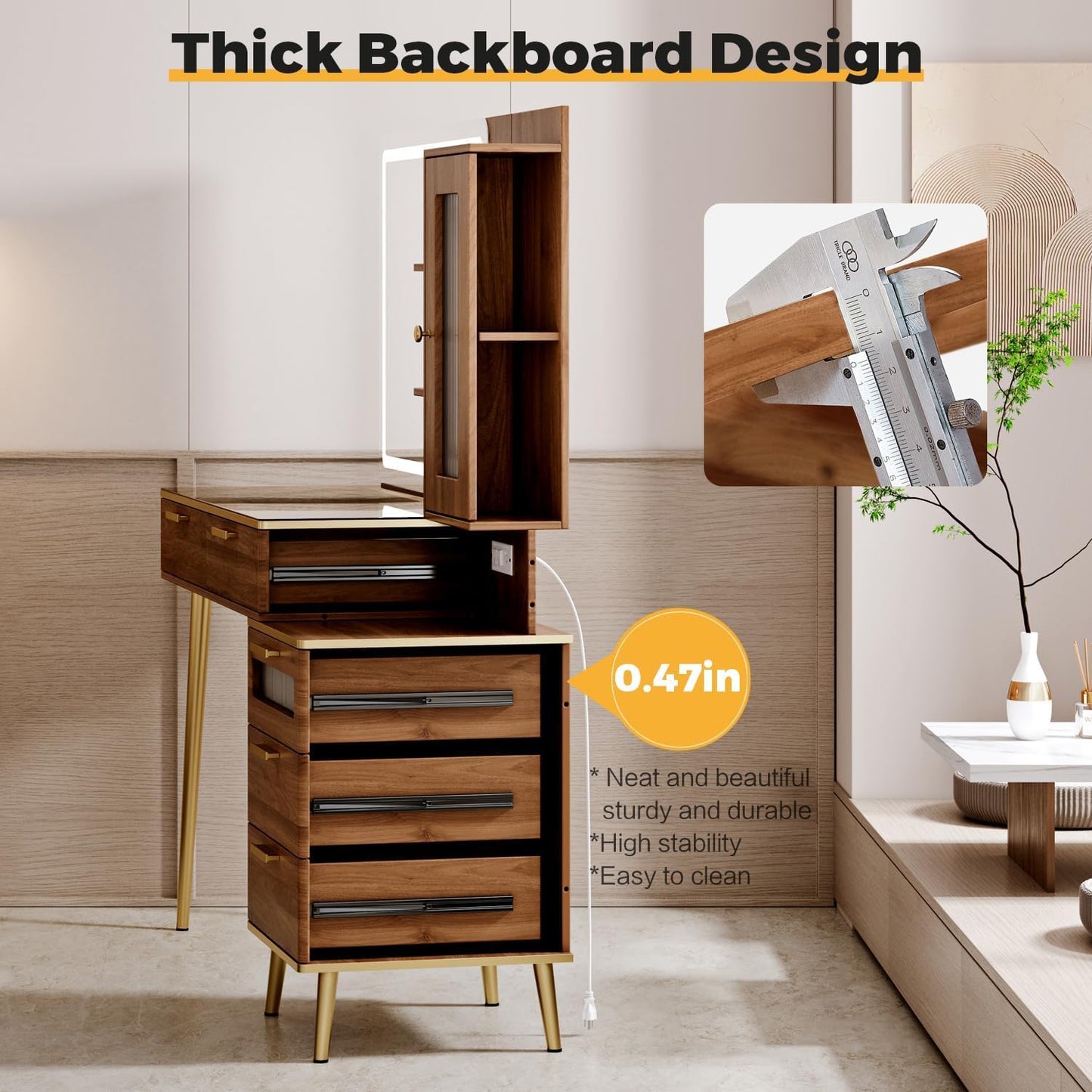 Arulvmrn Vanity Desk with 29.53" HD Lighted Mirror, 47.24" Big Modern Vanity Desk with Mirror and Lights, Makeup Vanity with 5 Drawers and Storage Shelves and Charging Station,Brown