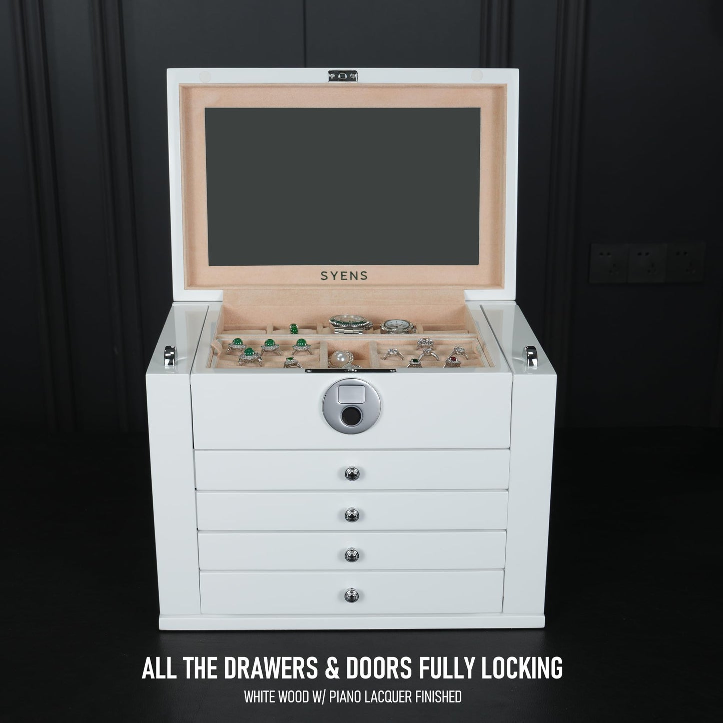 SYENS White Wood Jewelry Box, Large Size, Fingerprint Unlock, Seven Level Jewelry Organizer with Necklace Hanger and Mirror, High Gloss Lacquer Finish (5L-WT)