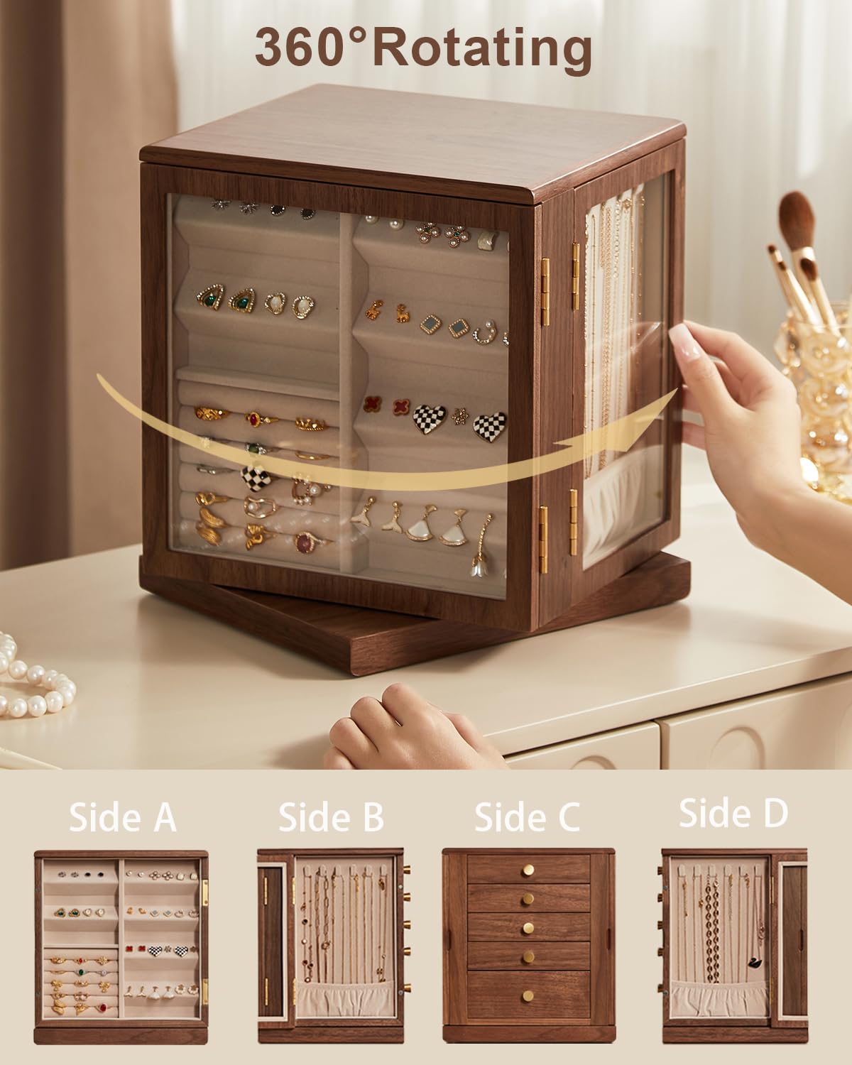 Homruilink Black Walnut Wooden Jewelry Box - 360° Rotating Jewelry Organizer for Women with 5 Drawers for Rings,Necklaces,Earrings and Bracelets -Large Storage Case - Ideal Gift