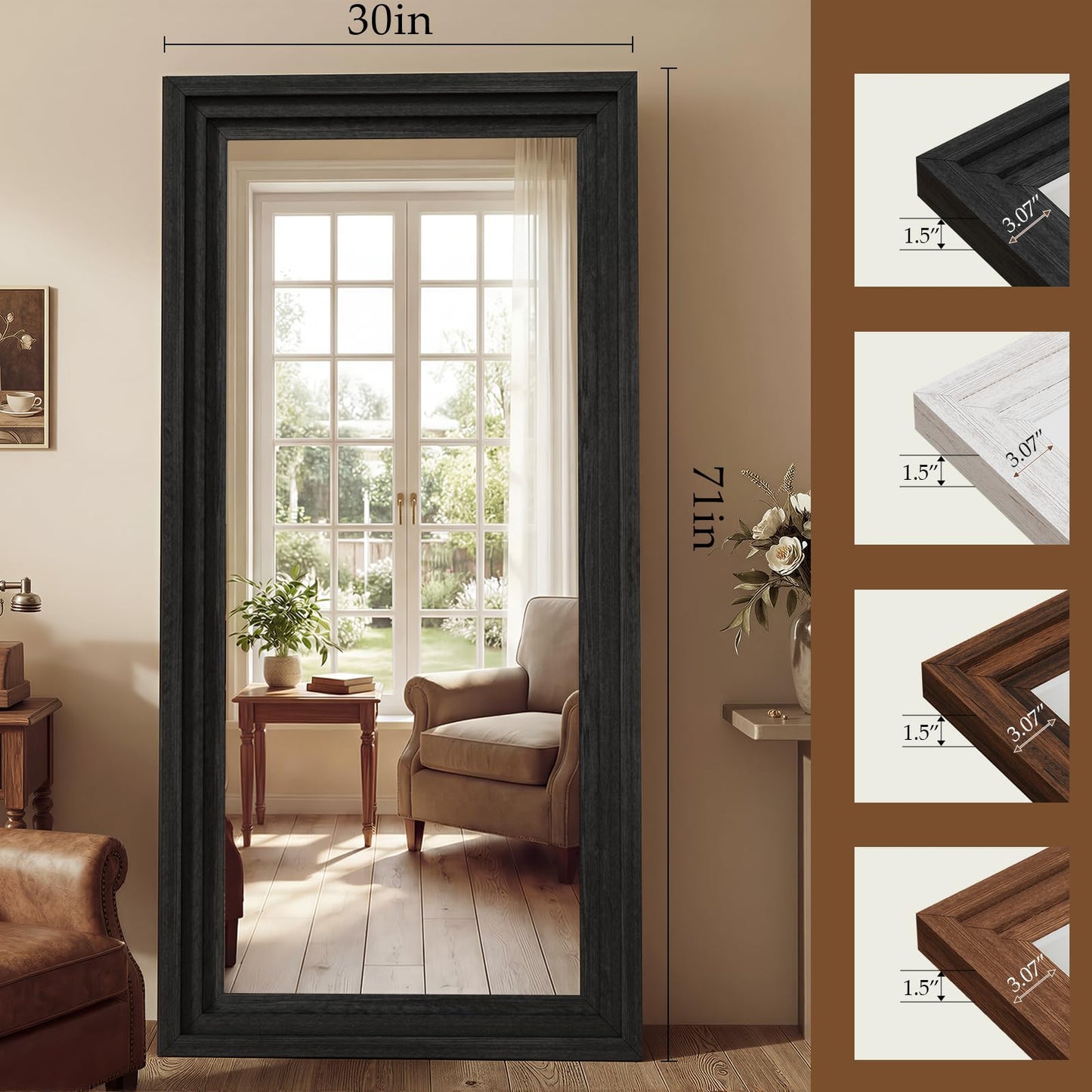 WISSMIELS Full Length Mirror 71"x30", Large Solid Wood Frame Floor Mirror, Leaning Floor Mirror, Stable Frame, Shatterproof Glass, Modern Classic Style for Bedroom, Living Room, Entryway