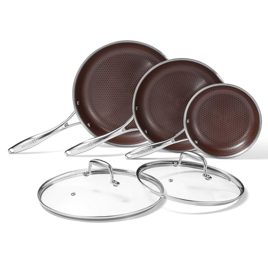 DELUXE Hybrid Ceramic Nonstick 5-PC Fry Pan Set,8,10,12 Inch Frying Pans with Tempered Glass Lid,Stay-Cool Handle, Dishwasher Safe, Works on All Stovetops Induction for Home Daily Cooking (Burgundy)