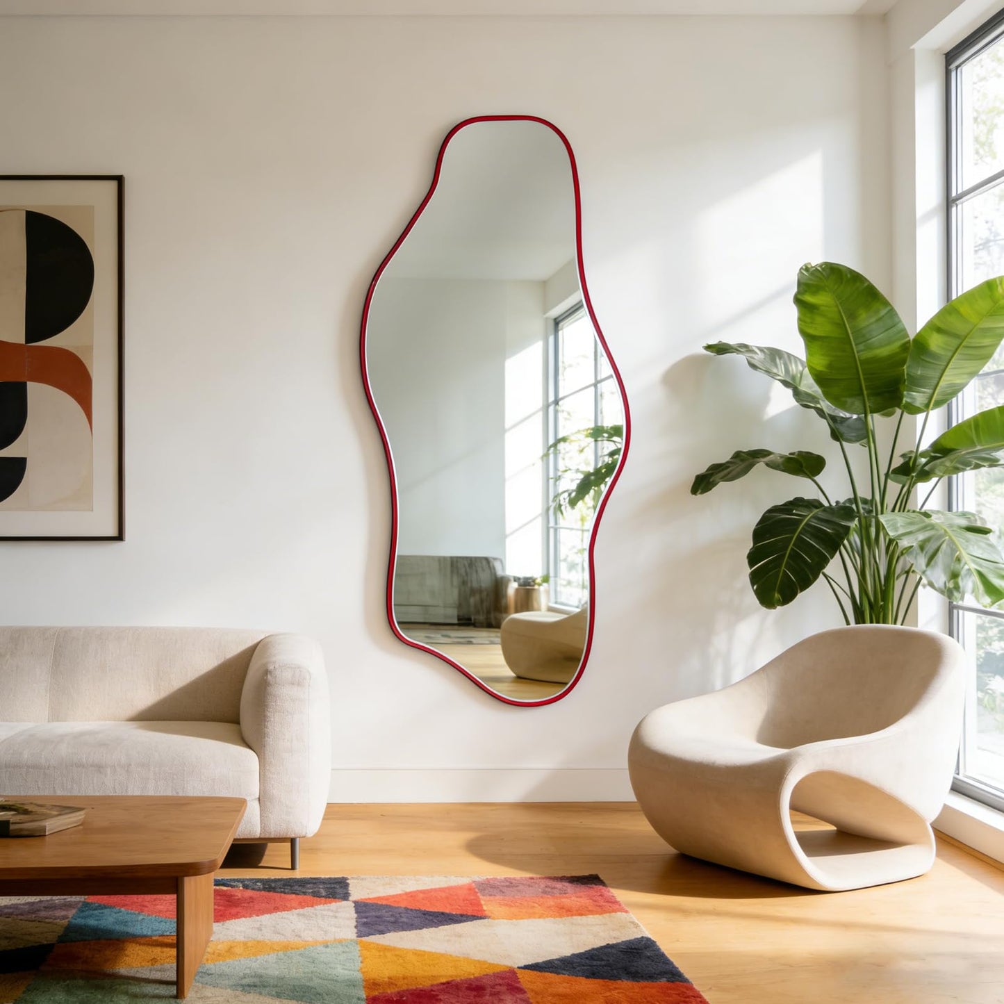 DAOYIJIAJU Irregular Mirror Full Length, 67"x31" Red Asymmetrical Tempered Glass Mirror, Large Organic Frameless Wall Mirrors for Living Room Bedroom Hallway Entryway, Horizontal or Vertical Hanging