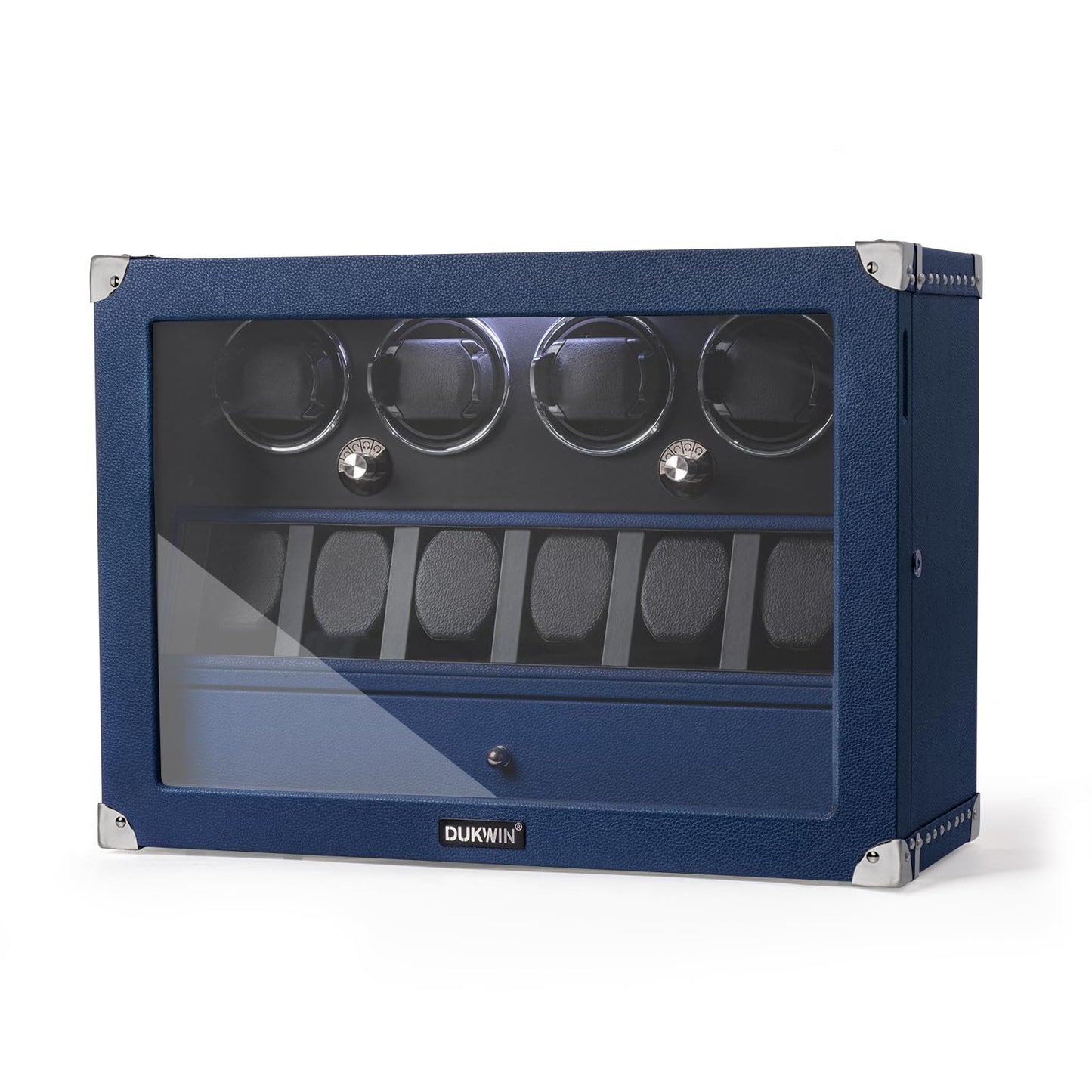 DUKWIN Watch Winder for Automatic Watches, Lockable Winders with Watch & Jewelry Storage, Super Quiet Motor with High-Gloss Finish, Built-in Illumination, Blue