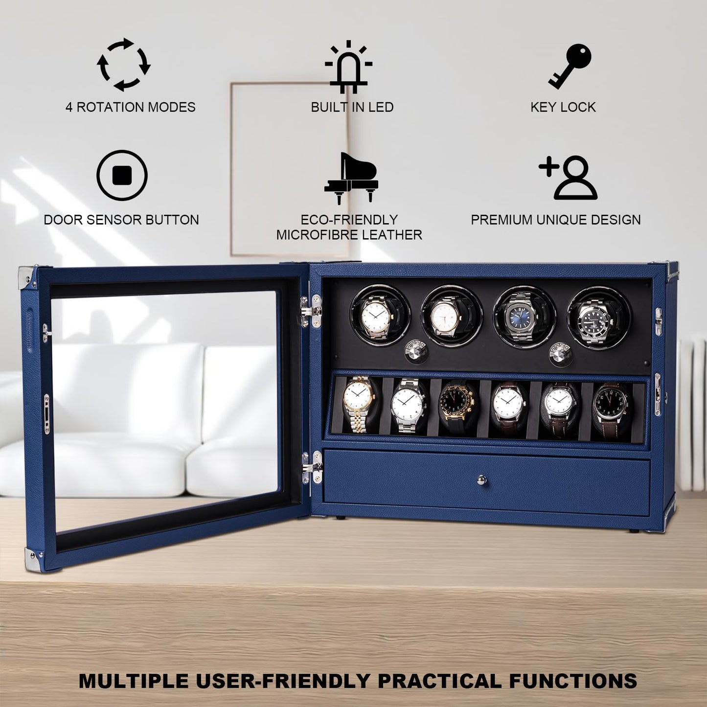 DUKWIN Watch Winder for Automatic Watches, Lockable Winders with Watch & Jewelry Storage, Super Quiet Motor with High-Gloss Finish, Built-in Illumination, Blue