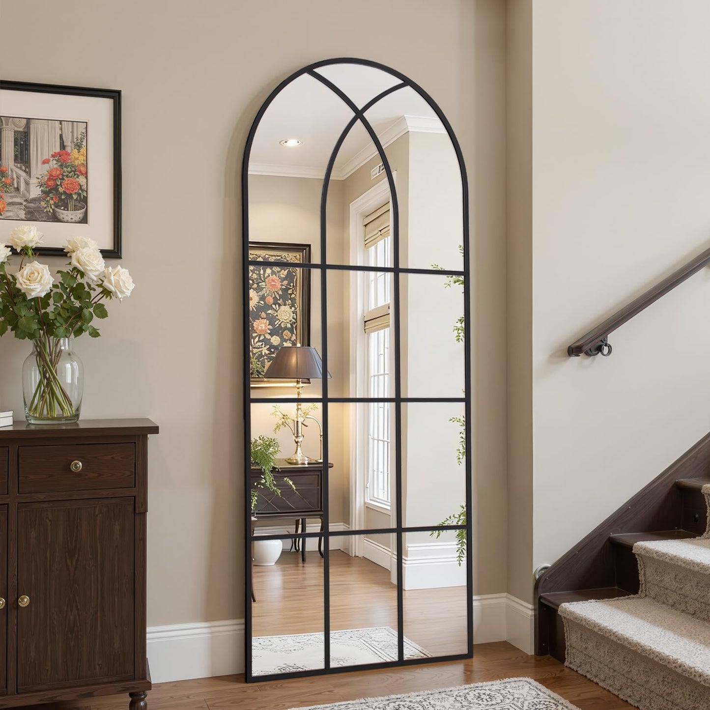 Arched Window pane Full Length Mirror 24"x65", Full Body Standing Mirror, Window Shaped Farmhouse Style with Aluminum Frame, Decor Wall Mirrors for Living Room, Courtyard, Bedroom, Entryway, Black