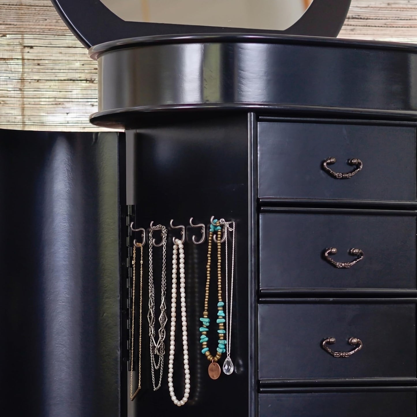 Hives and Honey Daley Oval Jewelry Armoire, Stylish Standing Organizer with Mirror, 7 Drawers, 20 Necklace Hooks, Anti-Tarnish Lining, Divided Storage, Black