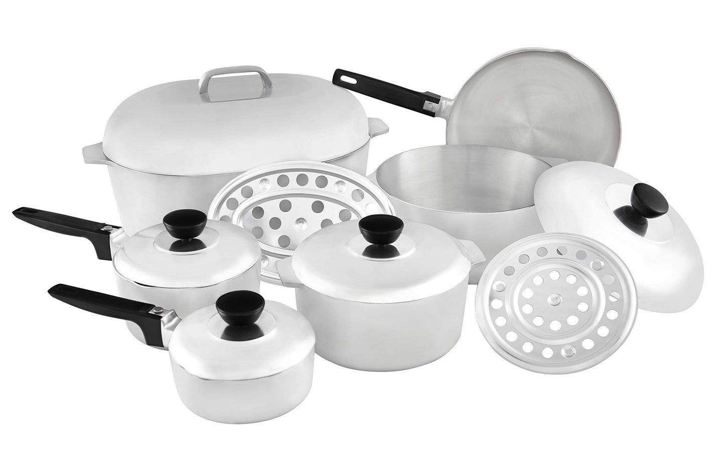 IMUSA USA Heavy Duty 13-Piece Cast Aluminum Cajun Cookware Set, Silver & USA Heavy Duty Cajun Aluminum Stock Pot 14 Quart, Silver