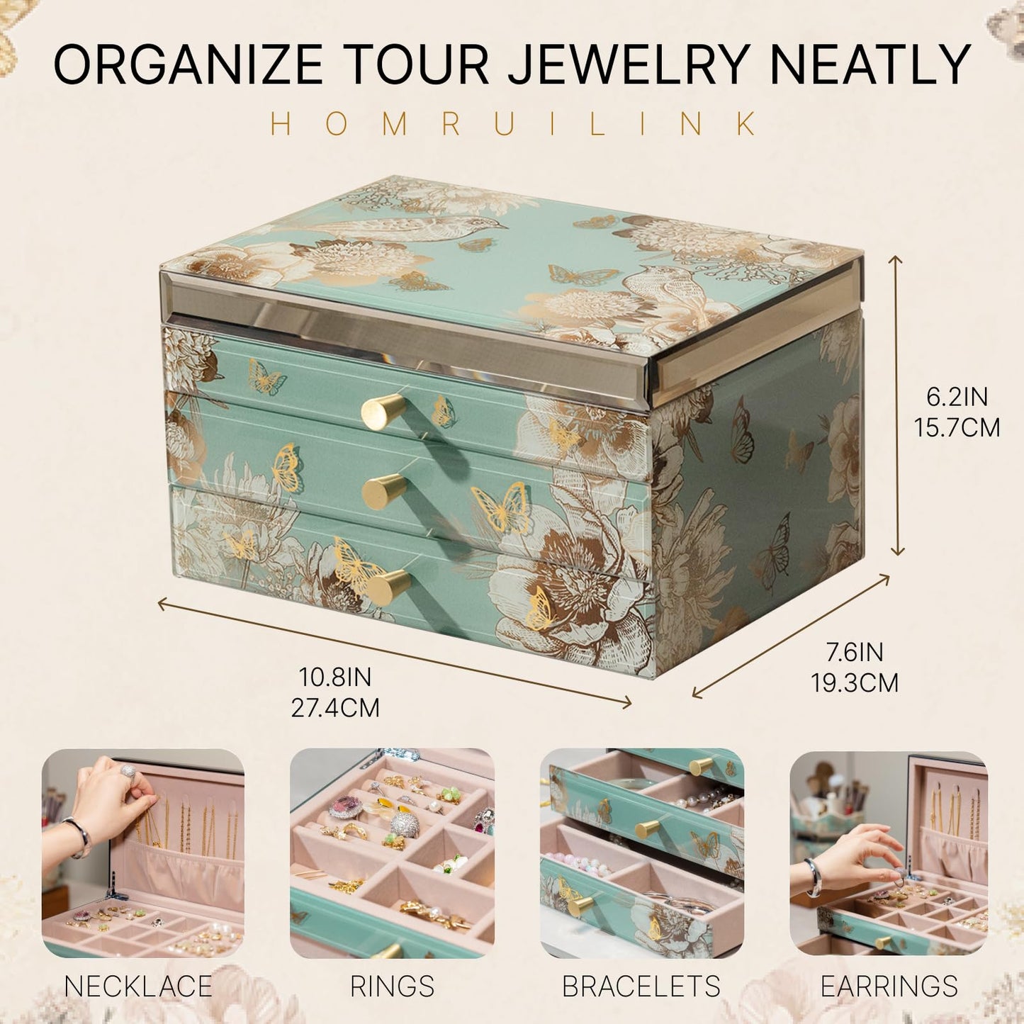 Homruilink High End Glass Jewelry Box, 3 Layer Jewelry Organizer, Velvet-Lined Case For Ring, Necklace, Earring, Bracelet Storage, Ideal Gift (Bird & Floral)